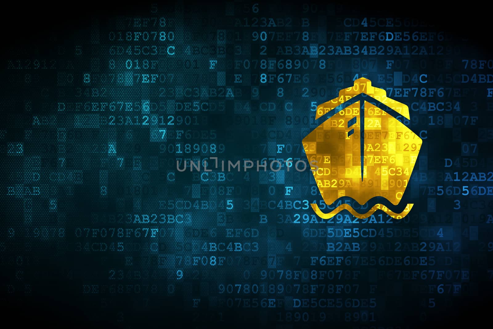 Travel concept: pixelated Ship icon on digital background, empty copyspace for card, text, advertising