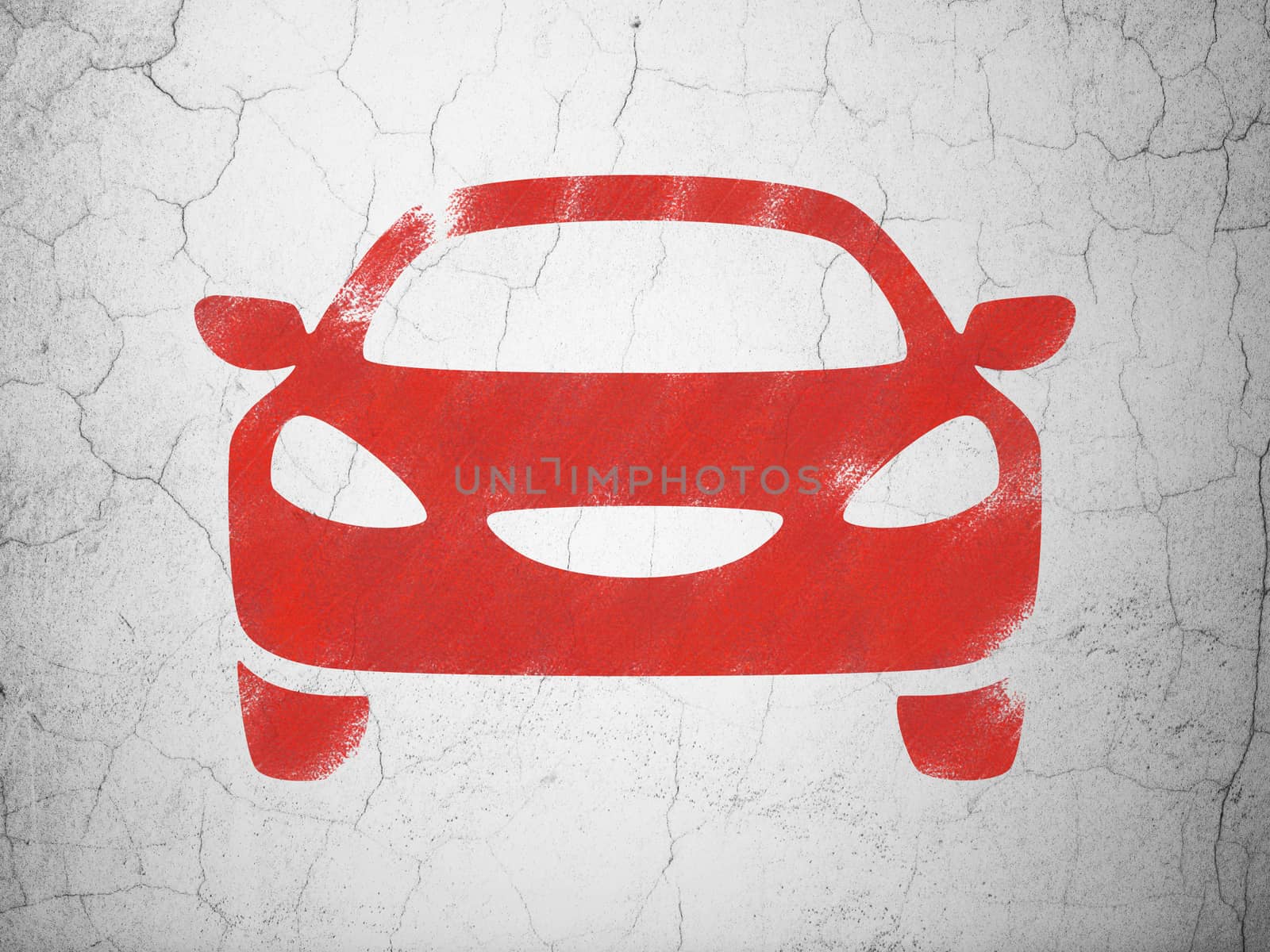 Vacation concept: Red Car on textured concrete wall background