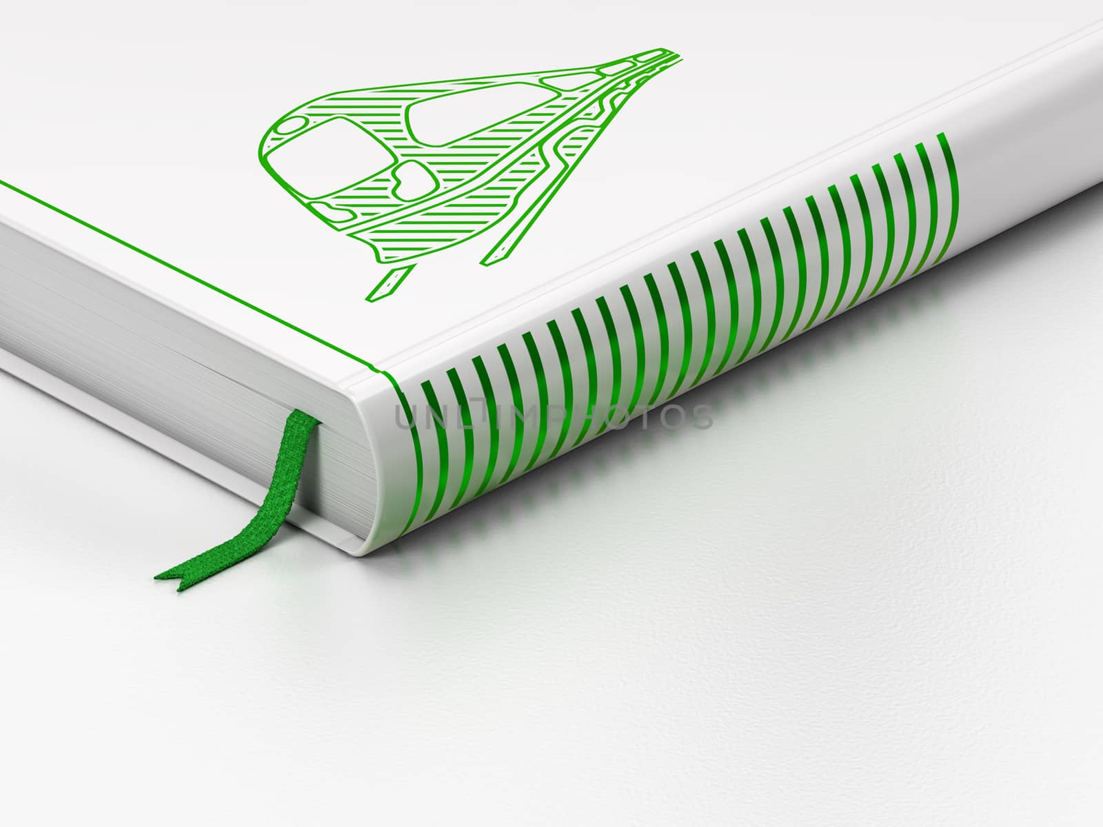 Vacation concept: closed book with Green Train icon on floor, white background, 3D rendering