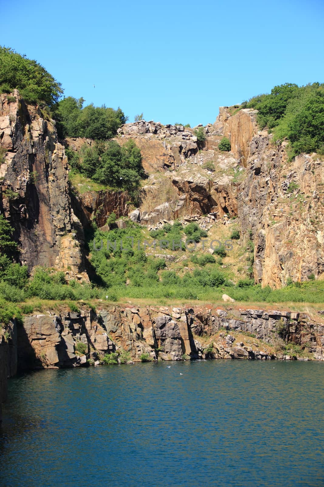 Lake with cliffs and blue sky