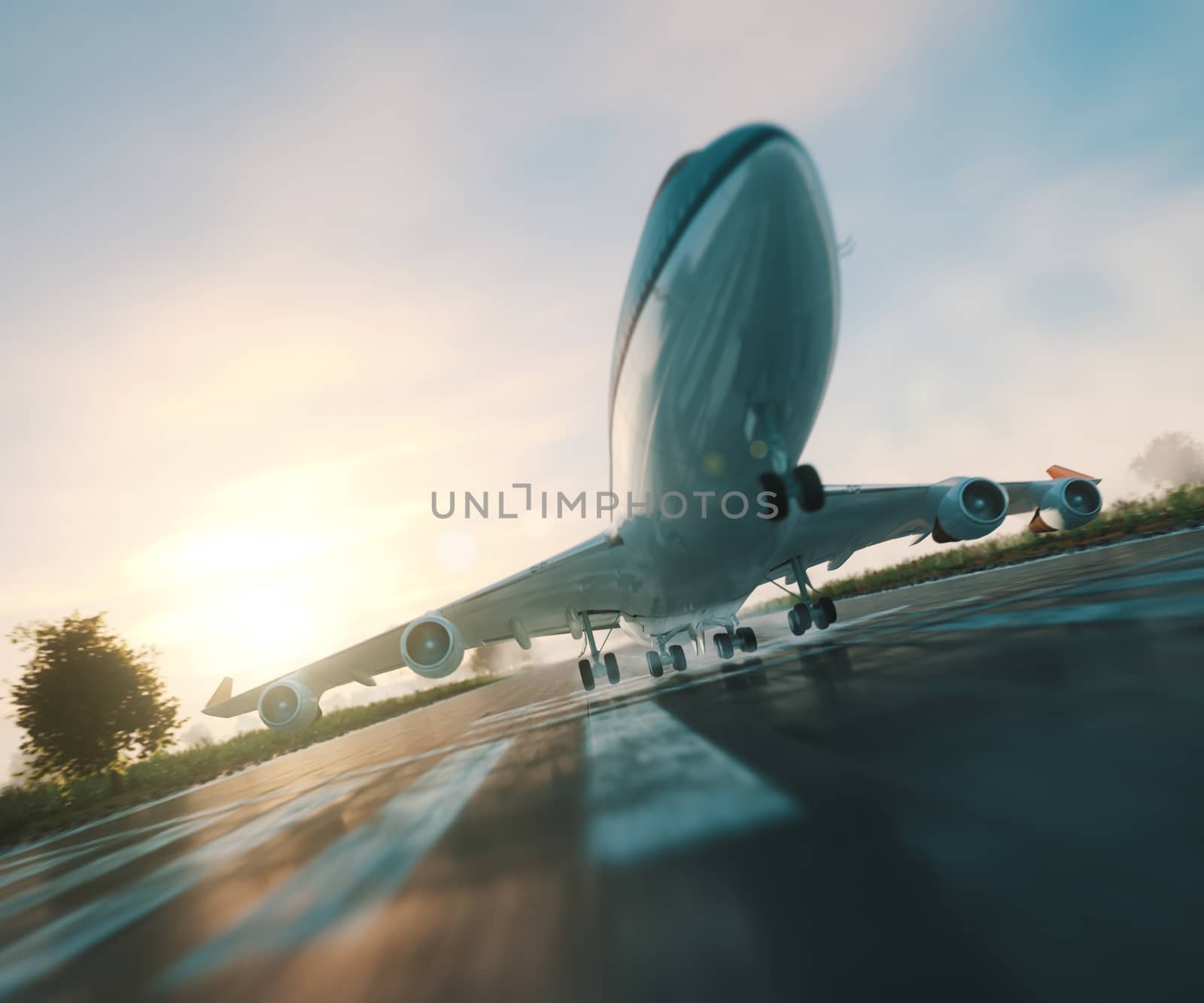 passenger plane take off from runways travel business background concept by denisgo