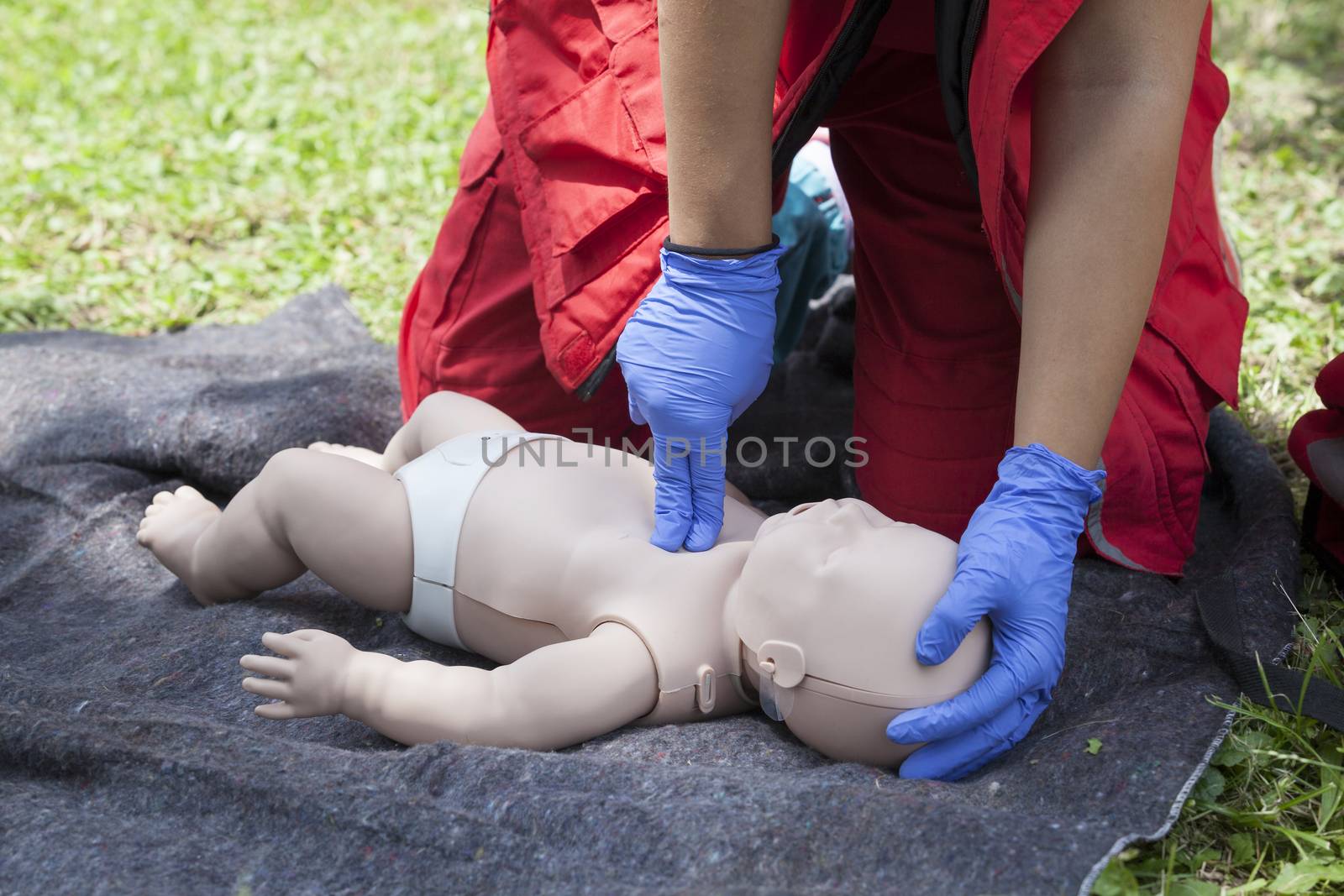 Baby CPR dummy first aid training. Cardiopulmonary resuscitation - CPR.