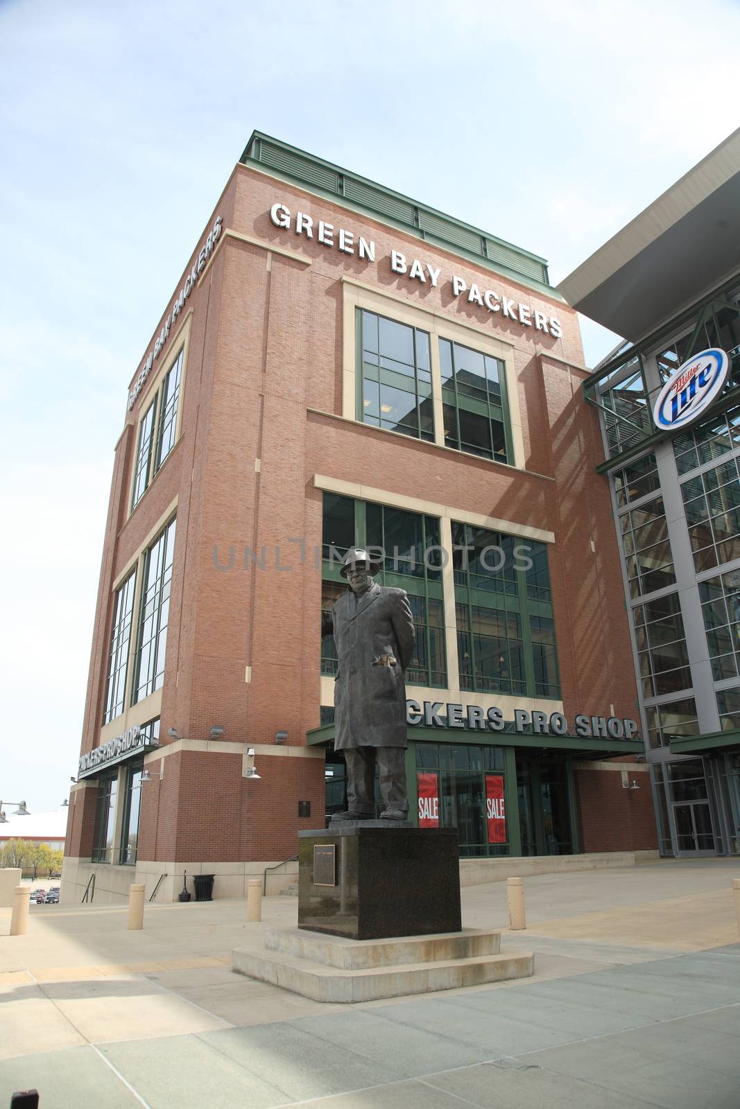 Vince Lombardi statue at historic Lambeau Field in Wisconsin. The Packers NFL stadium is sometimes referred to as the Frozen Tundra.