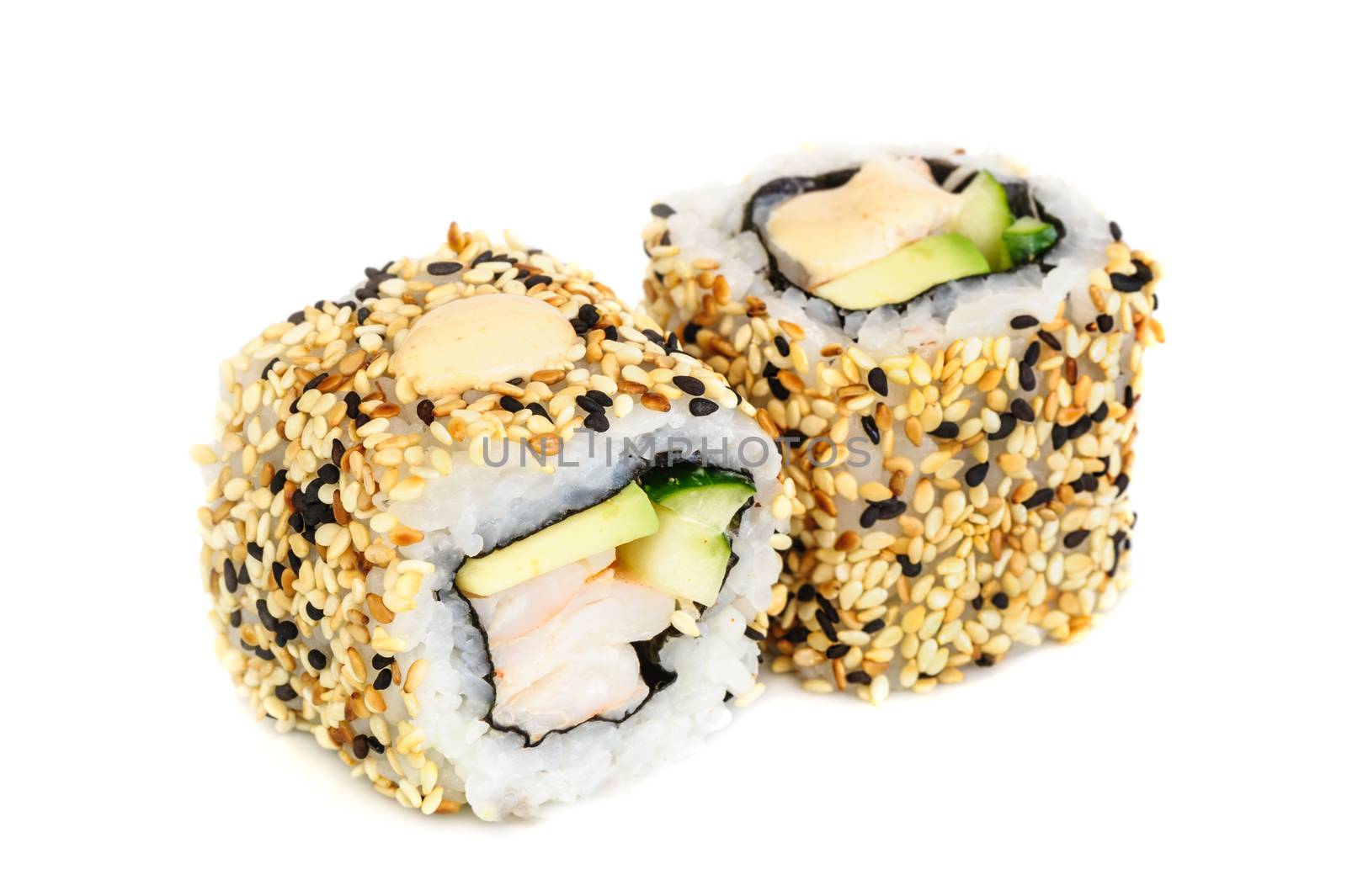 Uramaki maki sushi, two rolls isolated on white. Philadelphia cheese, crab meat, avocado and sesame
