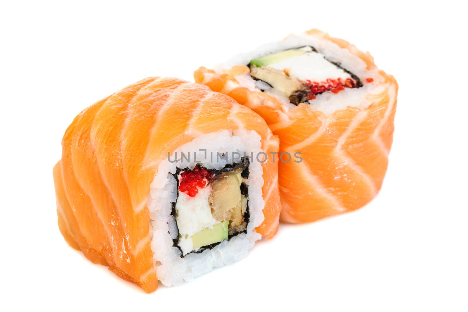 Uramaki maki sushi, two rolls isolated on white. Salmon with philadelphia, shrimp, avocado, eel and tobico