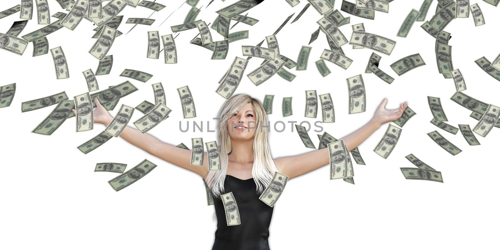 Woman Catching Money Falling From the Sky in US Dollars