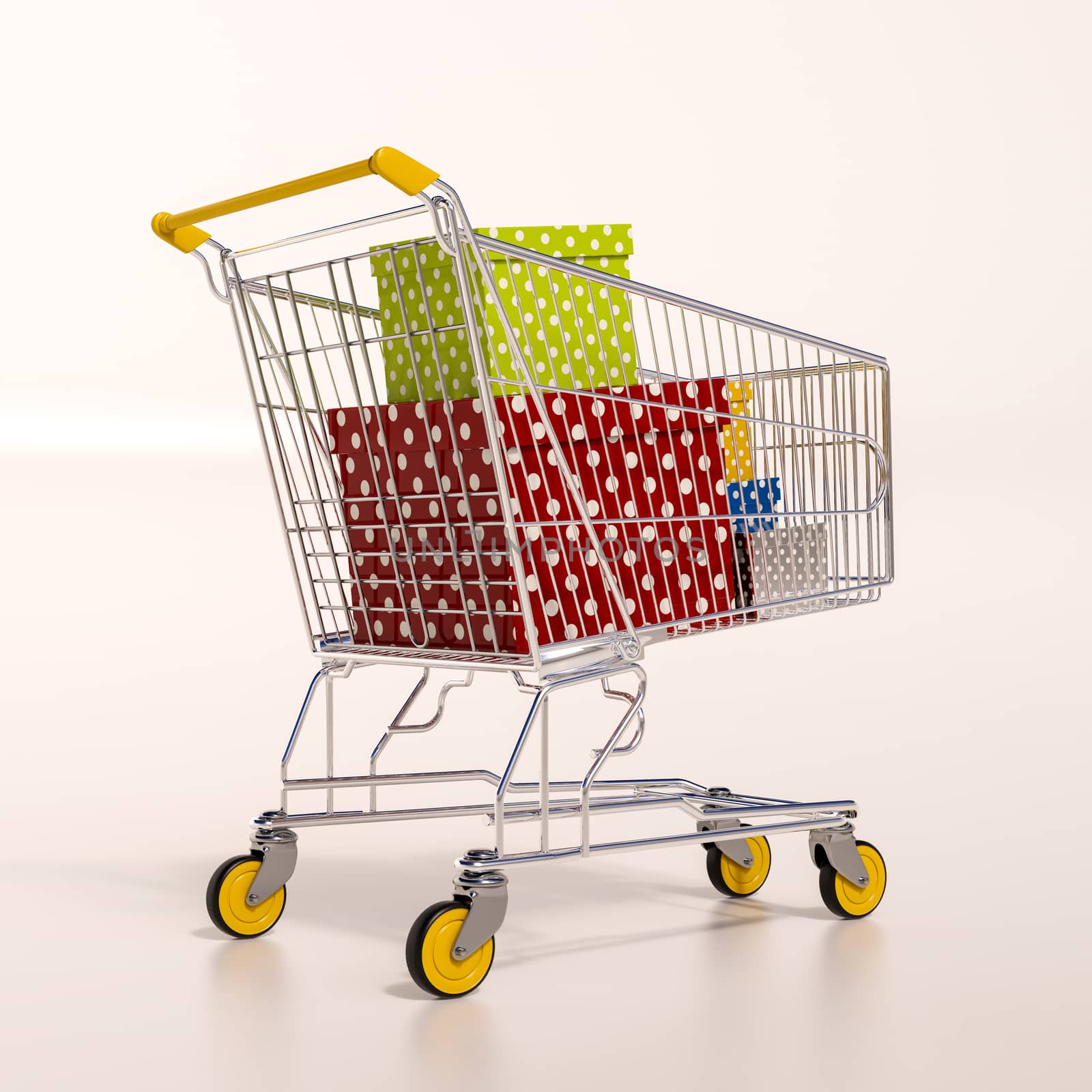 3d render: shopping cart full of boxes, gift buying