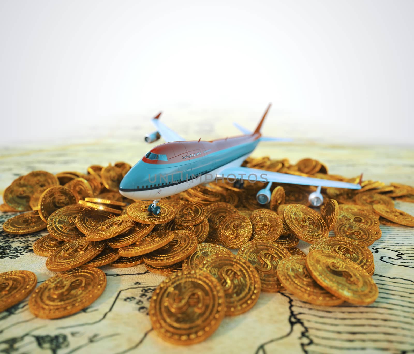 passenger plane with gold coins travel business background concept 3d illustration