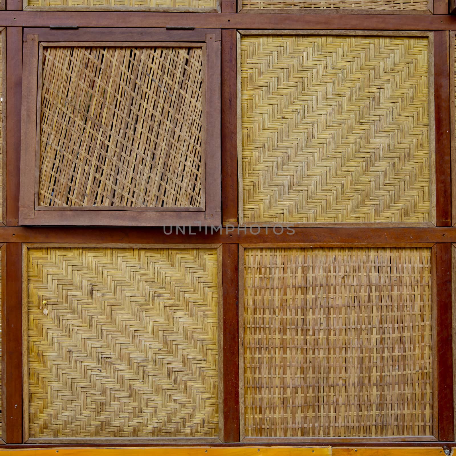 Four Styless of bamboo woven windows with wooden edge background texture