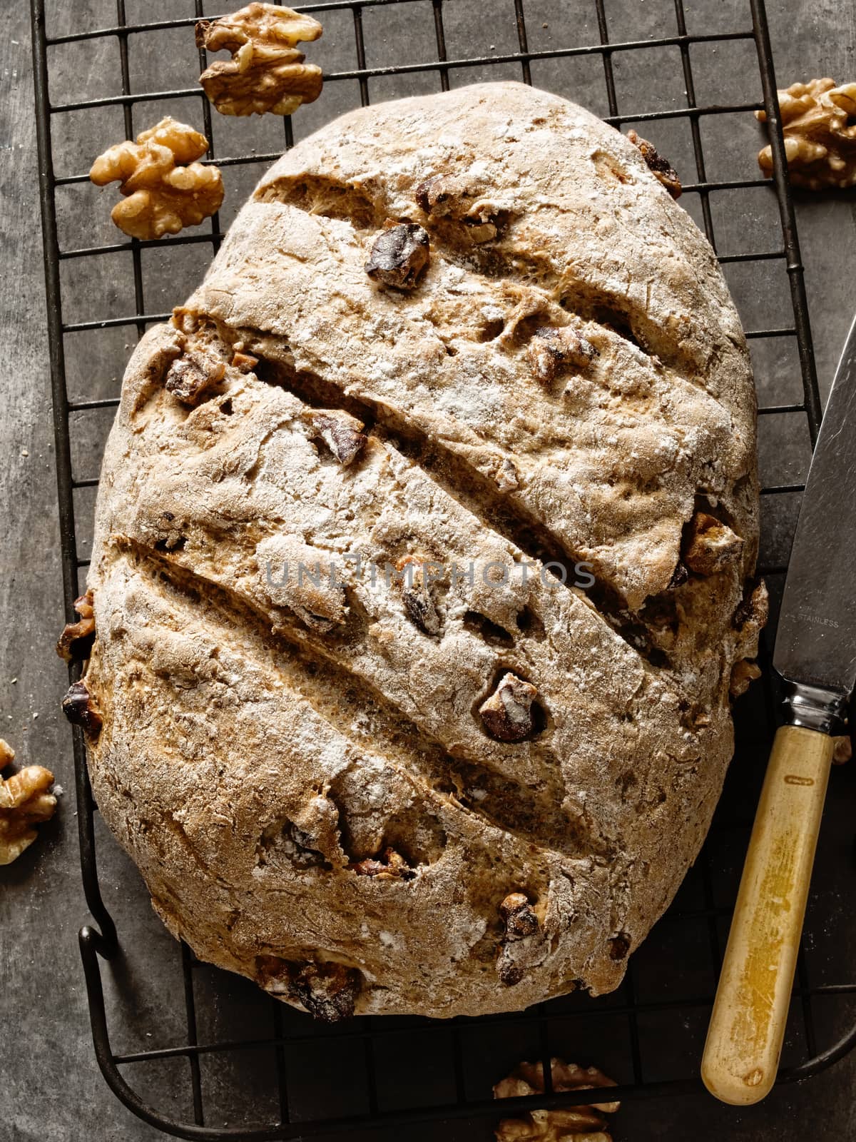 close up of rustic artisan walnut bread