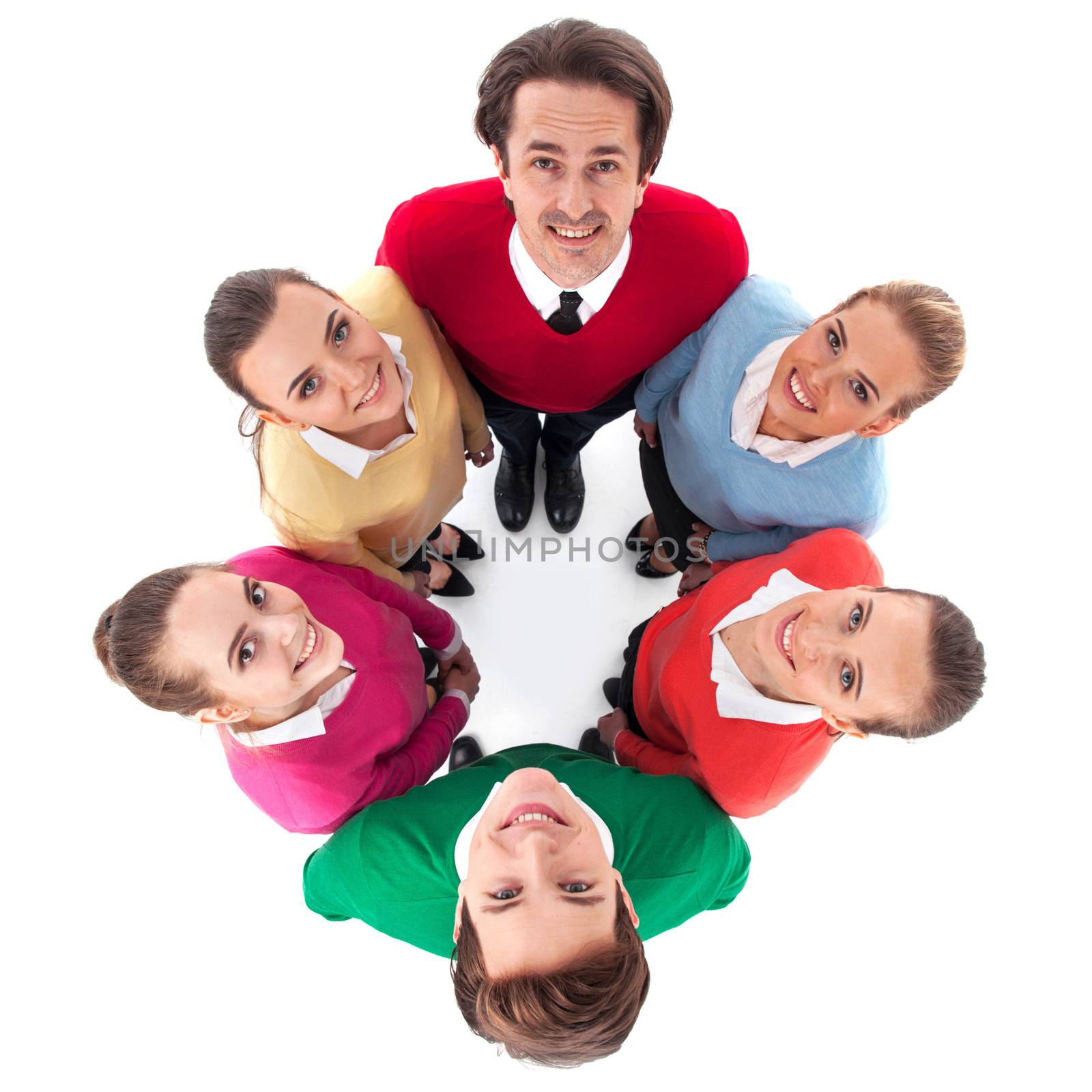 Top view of happy young people group isolated on white background