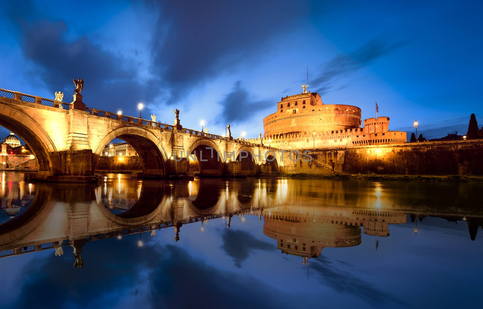 Saint Angel Castle and bridge over the Tiber river in Rome, Italy