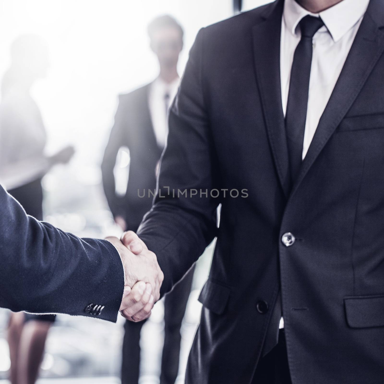 Handshake in front of business people team in office