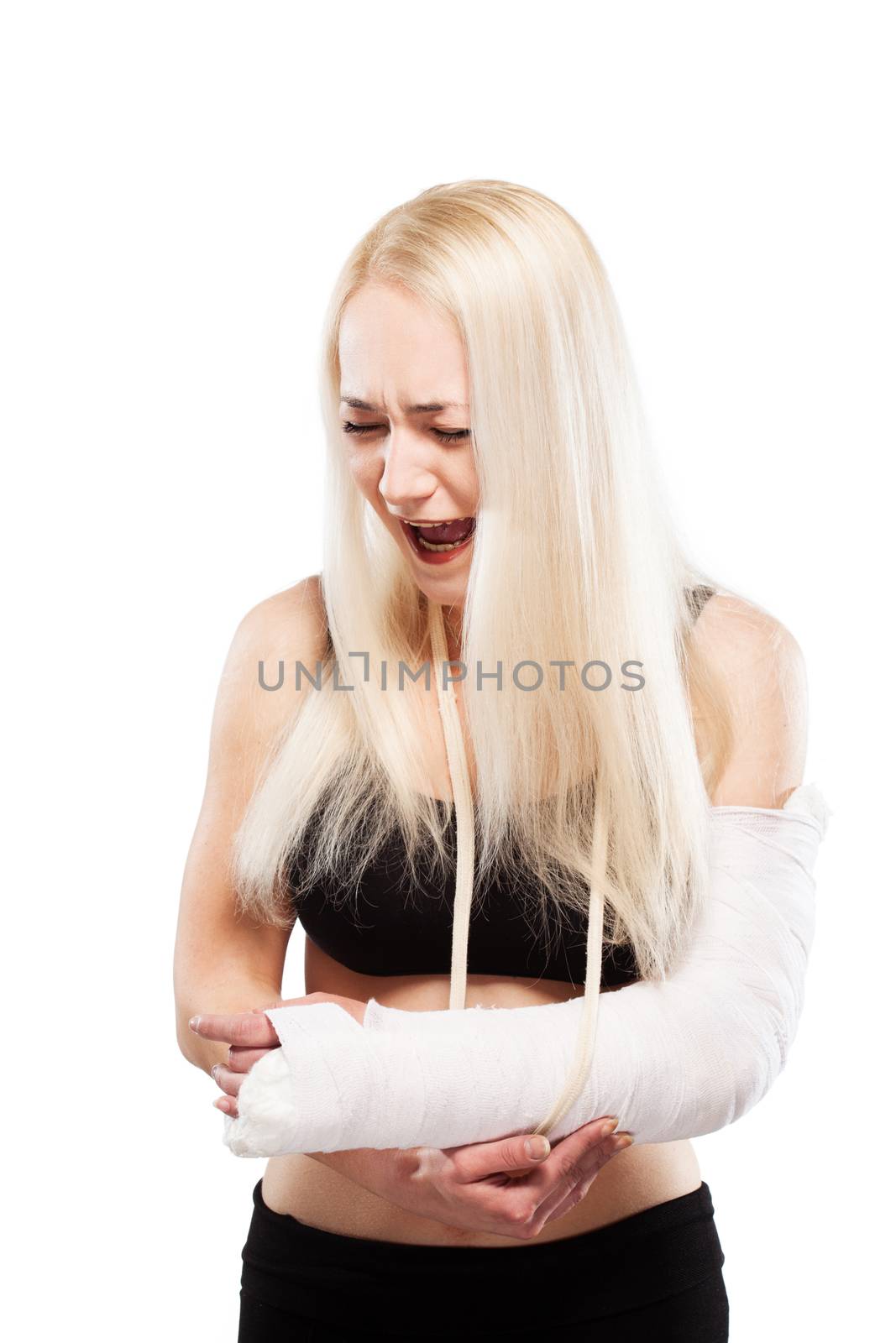 Blond girl with a broken arm in plaster