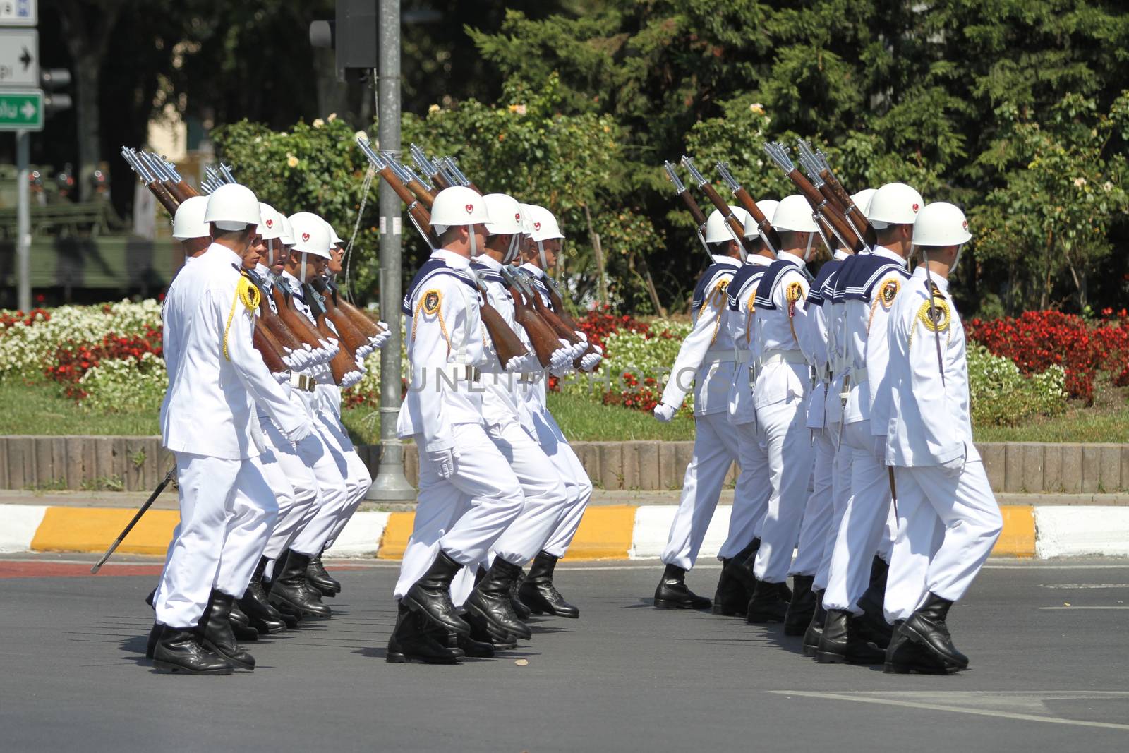 ISTANBUL, TURKEY - AUGUST 30, 2015: Sailors march during 93th anniversary of 30 August Turkish Victory Day parade on Vatan Avenue