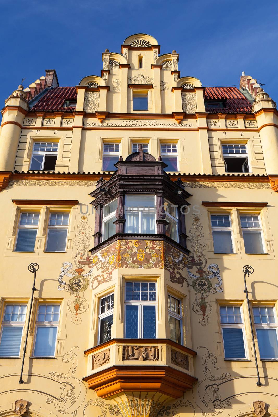 Detail of amazing facade of traditional building in Prague, Czech Republic