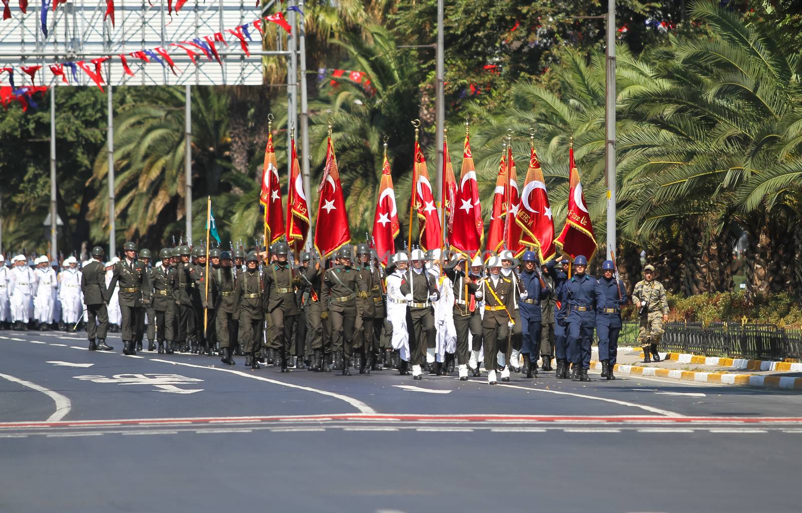 ISTANBUL, TURKEY - AUGUST 30, 2015: Soldiers march during 93th anniversary of 30 August Turkish Victory Day parade on Vatan Avenue
