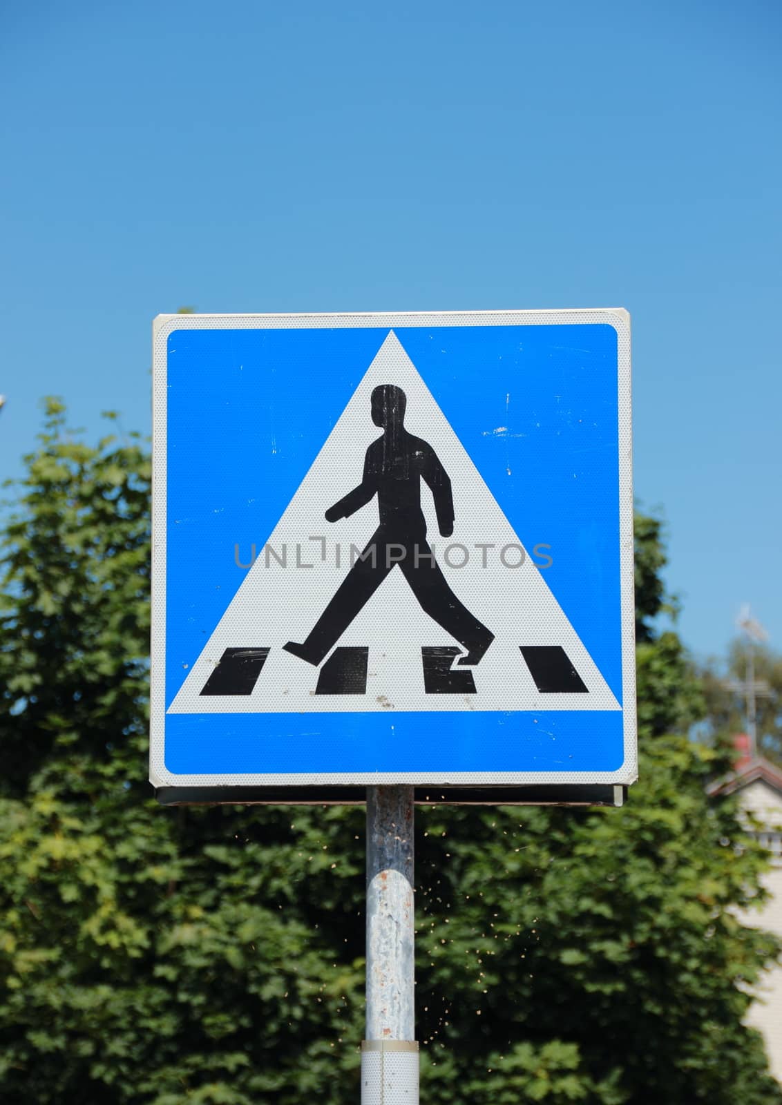 Pedestrian sign with blue sky and tree background by HoleInTheBox