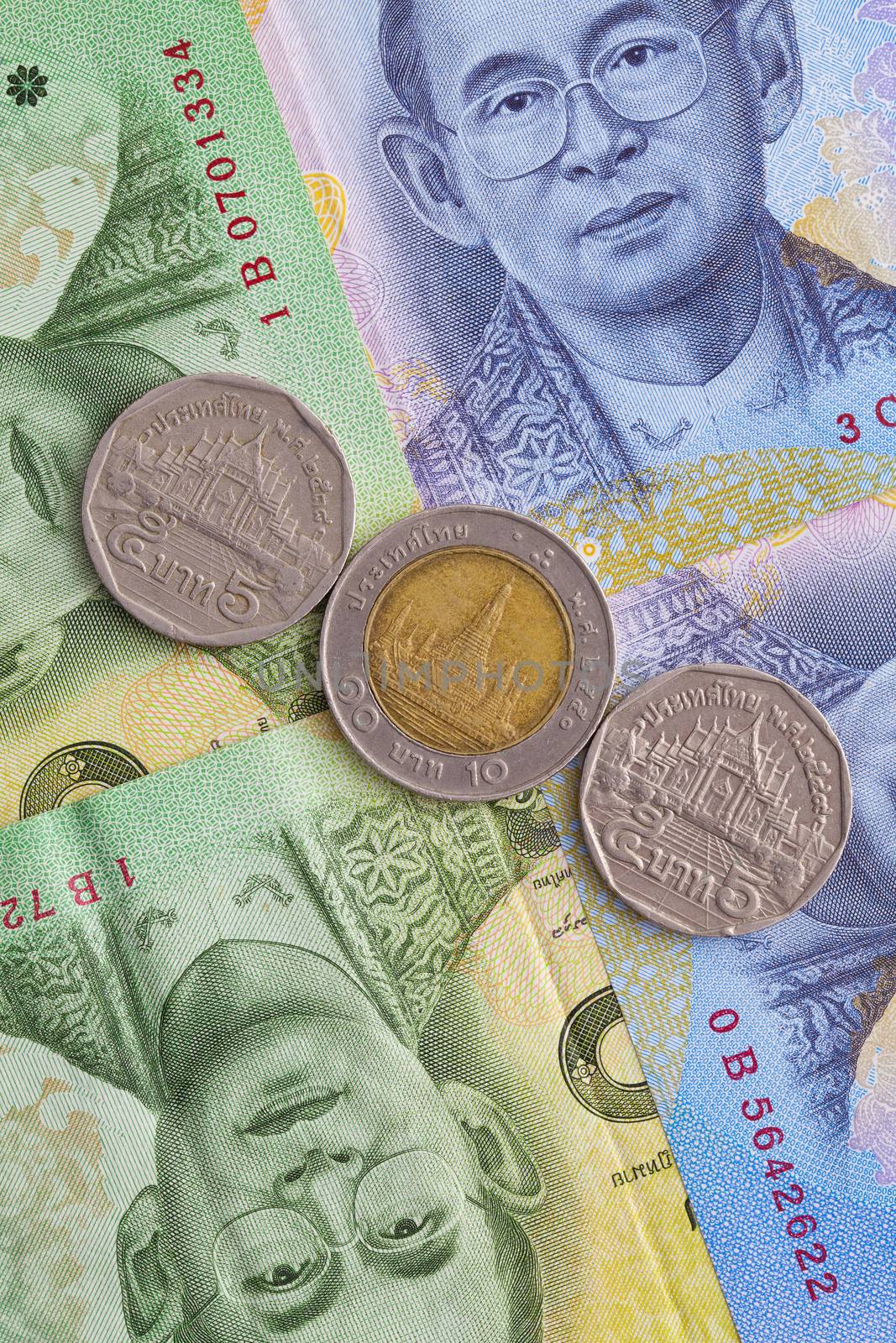 Detail of banknote and coin of Thai Baht of Thailand