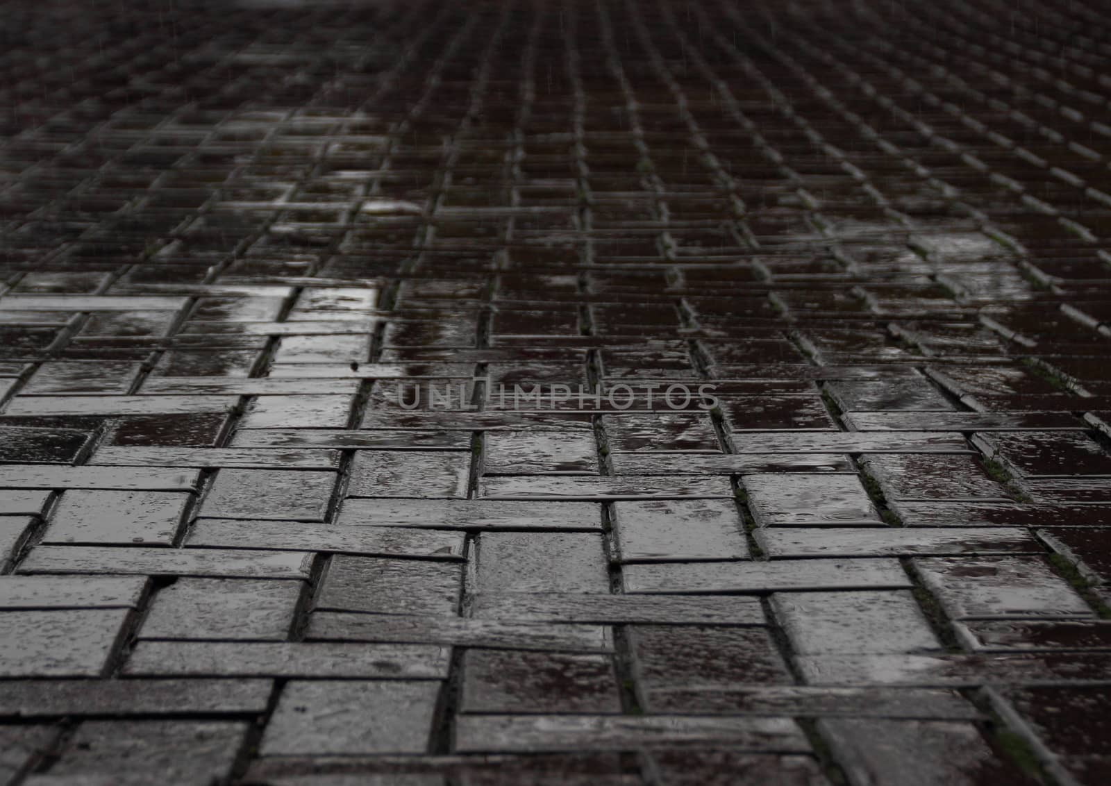 Wet black brick road after heavy rainfall