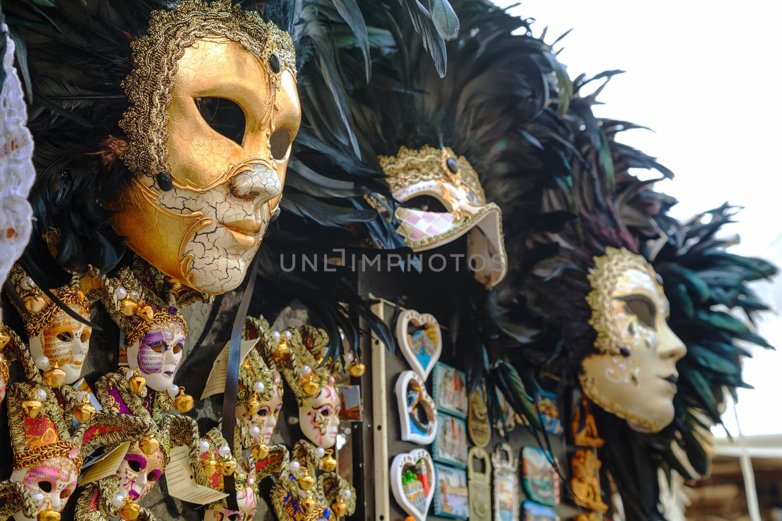 VENICE - NOVEMBER 20: Masquerade Venetian masks  on sale on November 20, 2015 in Venice, Italy. The annual Carnival of Venice is world-famed for its elaborate masks.