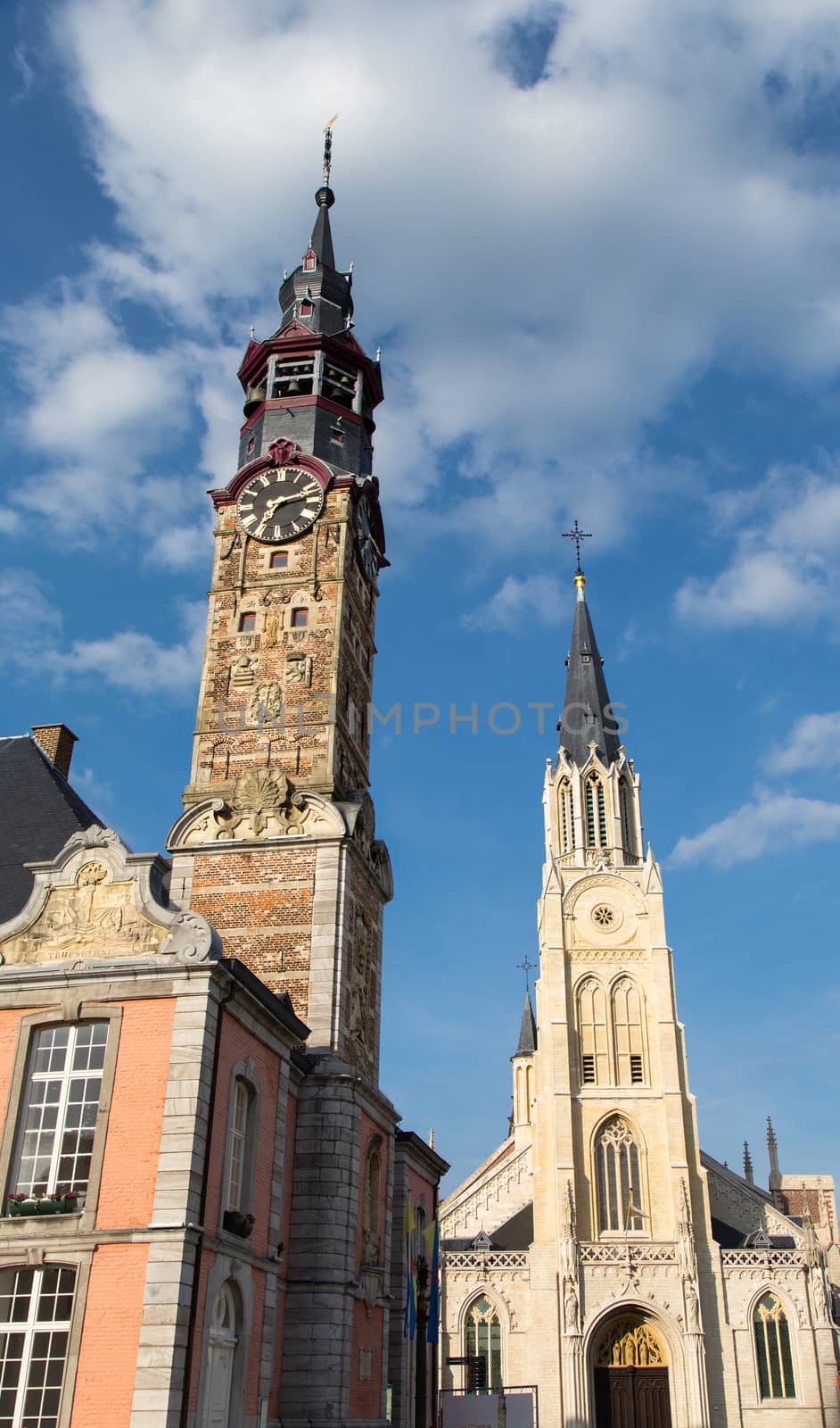 The town hall in the historical centre of Sint-Truiden, Belgium, with a 17th-century tower classified by UNESCO as a World Heritage Site in 1999. 