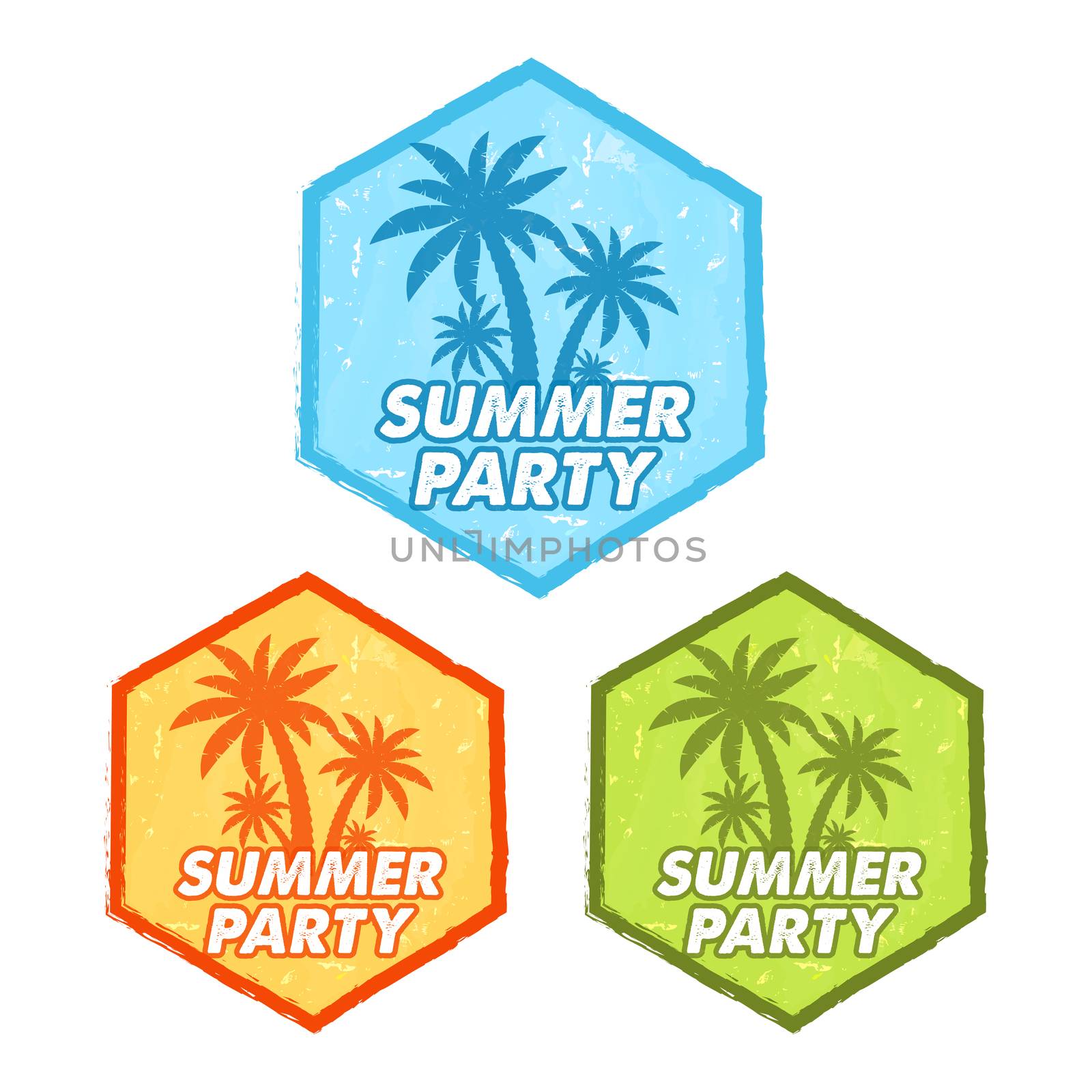 summer party with palms sign, grunge flat design hexagons labels by marinini