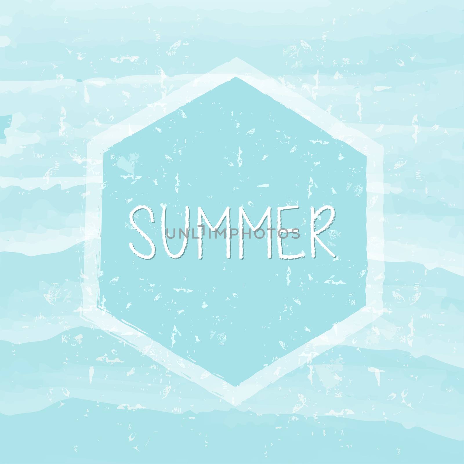summer in hexagon over blue waves banner - text in frame over summery grunge drawn background, holiday seasonal concept label