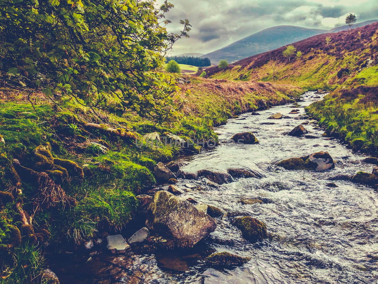 Retro Style Image Of A Fast Flowing River Through Wild Countryside In The Borders Of Scotland, UK