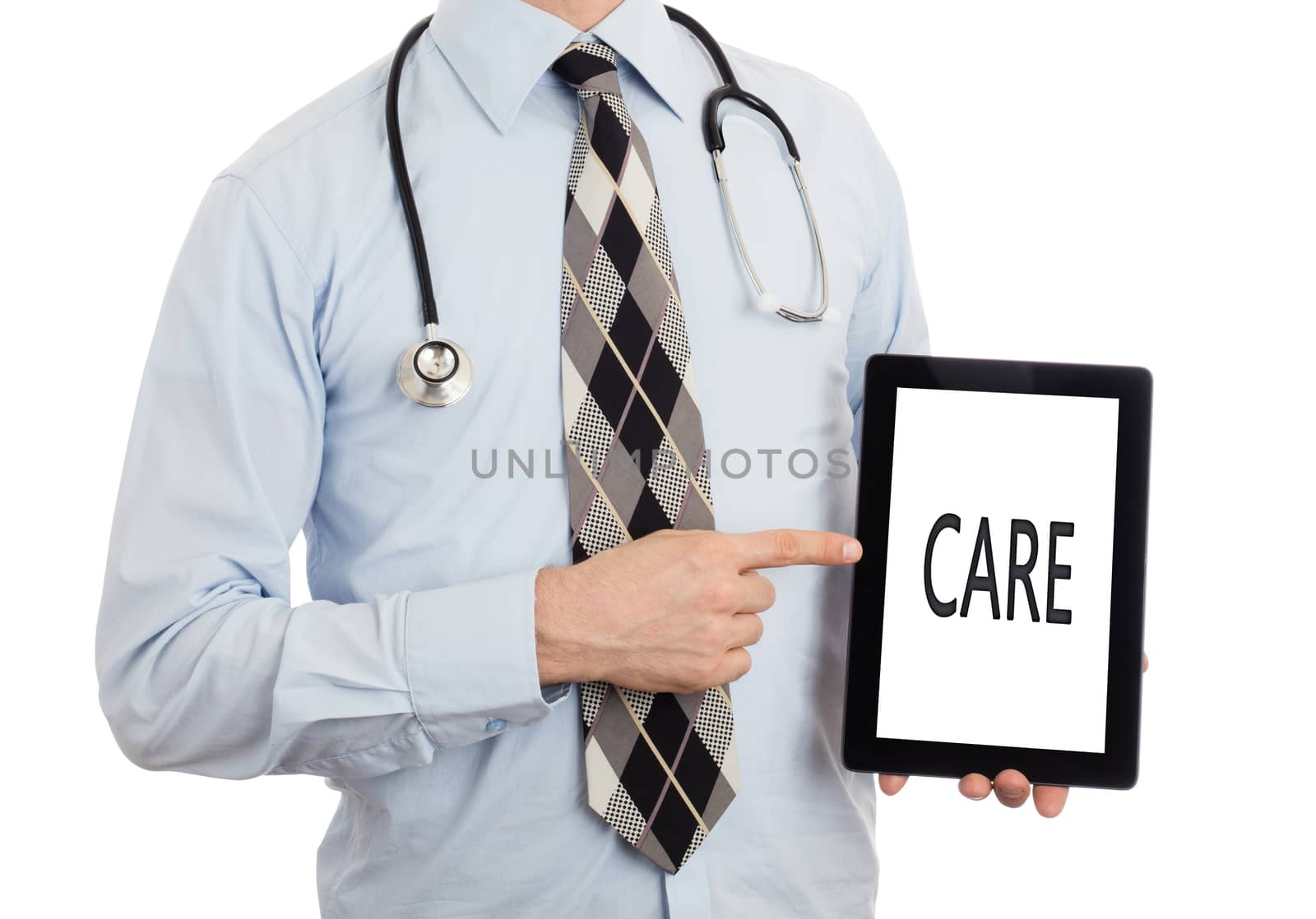 Doctor, isolated on white backgroun,  holding digital tablet - Care