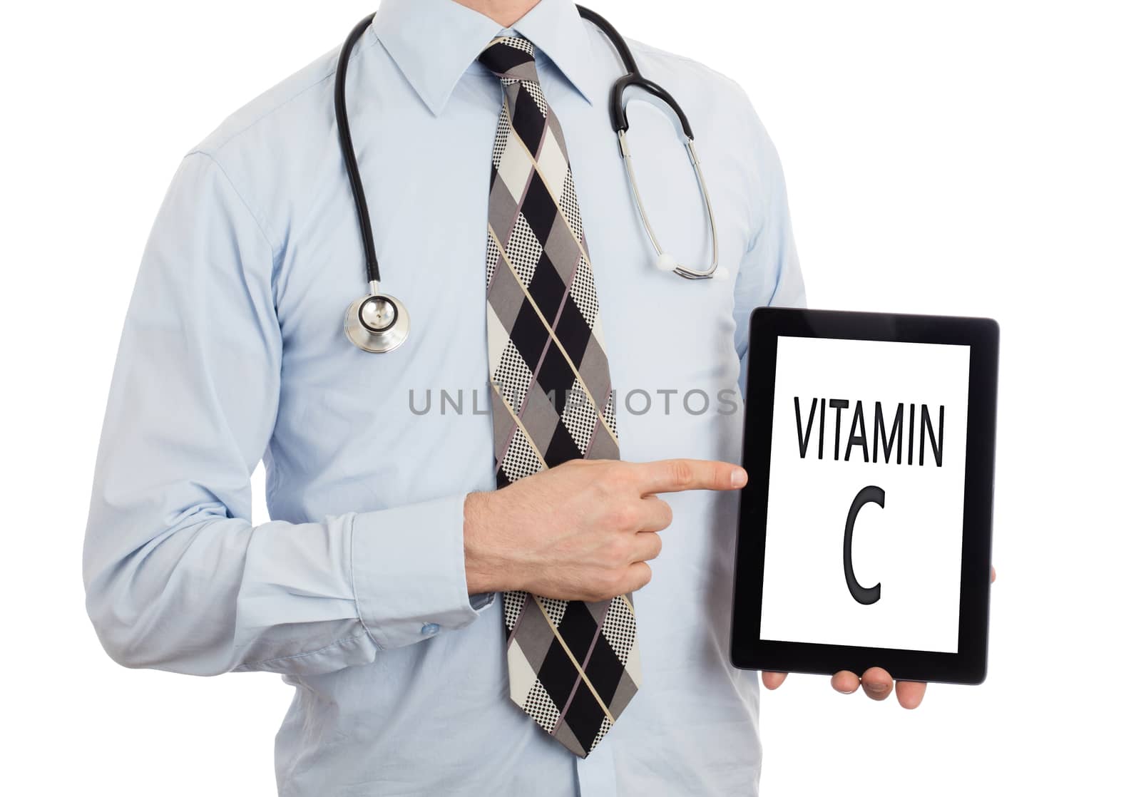 Doctor, isolated on white backgroun,  holding digital tablet - Vitamin C