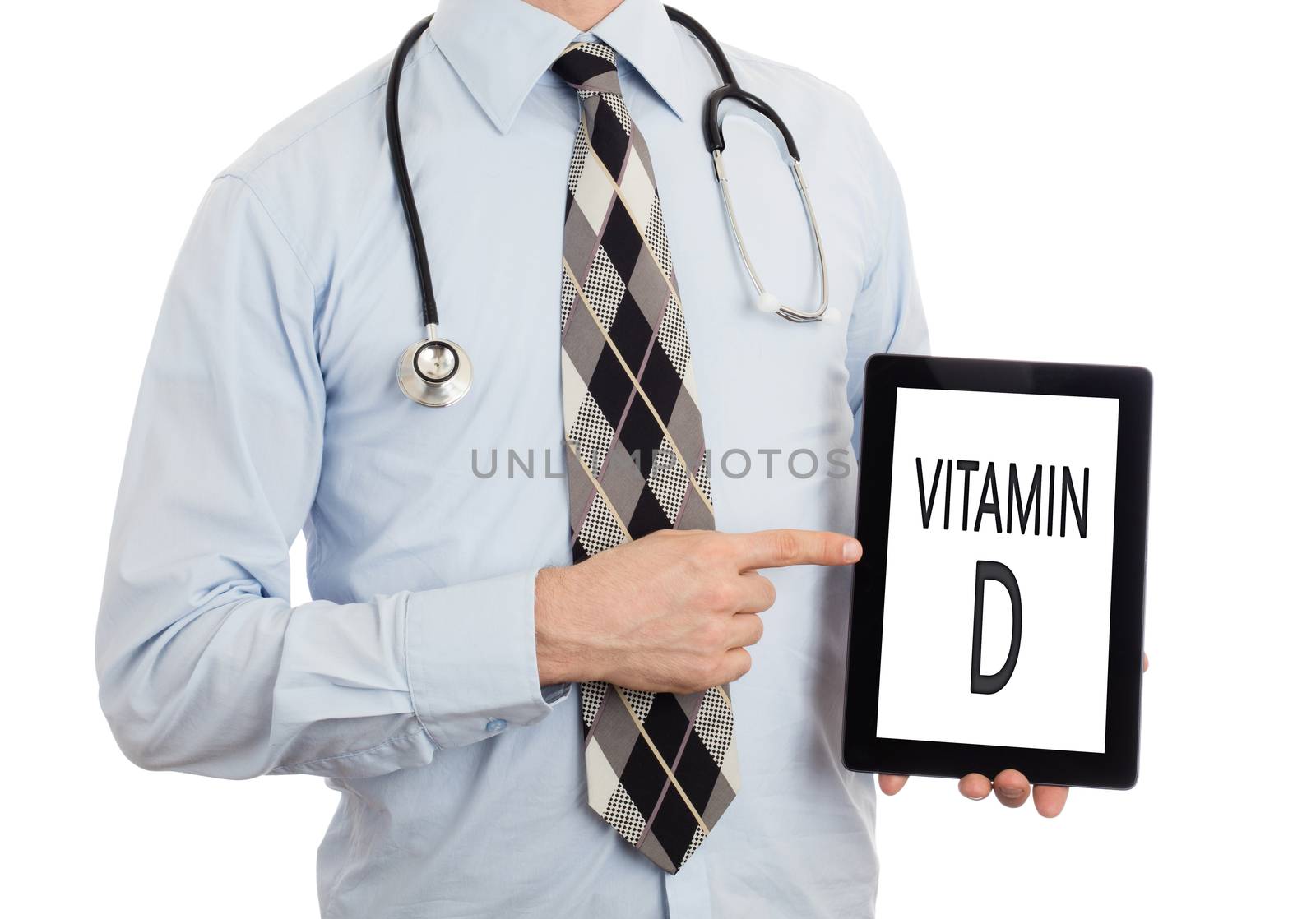 Doctor, isolated on white backgroun,  holding digital tablet - Vitamin D