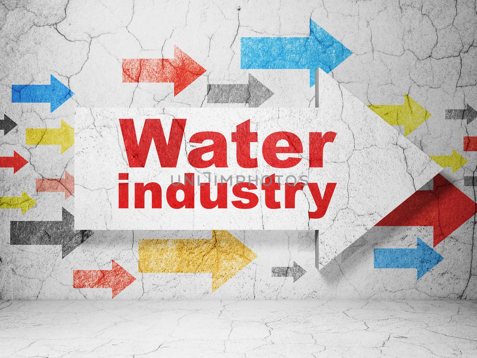 Manufacuring concept:  arrow with Water Industry on grunge textured concrete wall background, 3D rendering