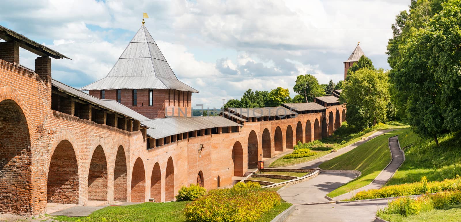 Tower and wall of middle ages fortress Kremlin in town Nizhniy Novgorod, Russia