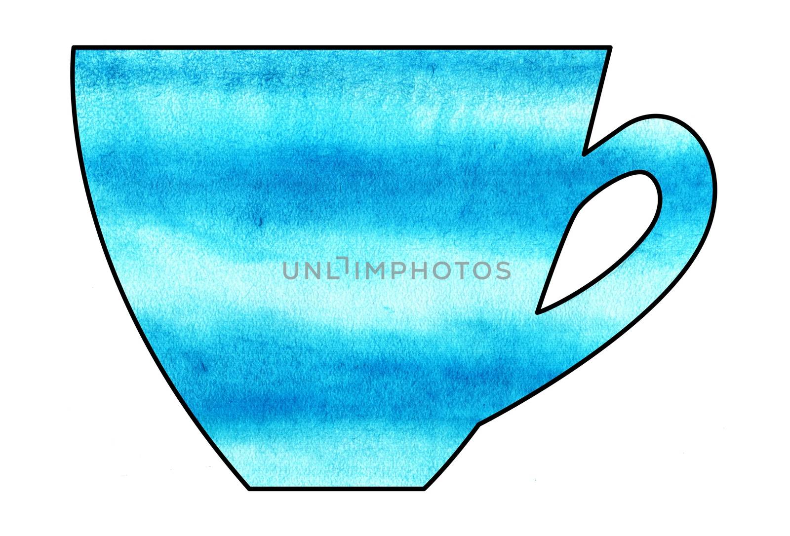 Cup of tea and coffee. Handmade. Watercolor Mixed media. Cut paper. Tea time. Blue