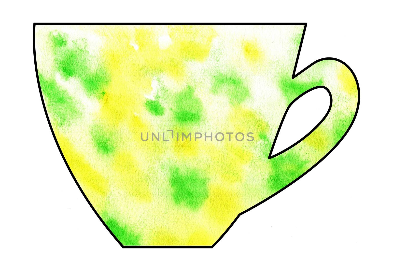 Cup of tea and coffee. Handmade. Watercolor, Mixed media. Cut paper. Tea time. Green and Yellow