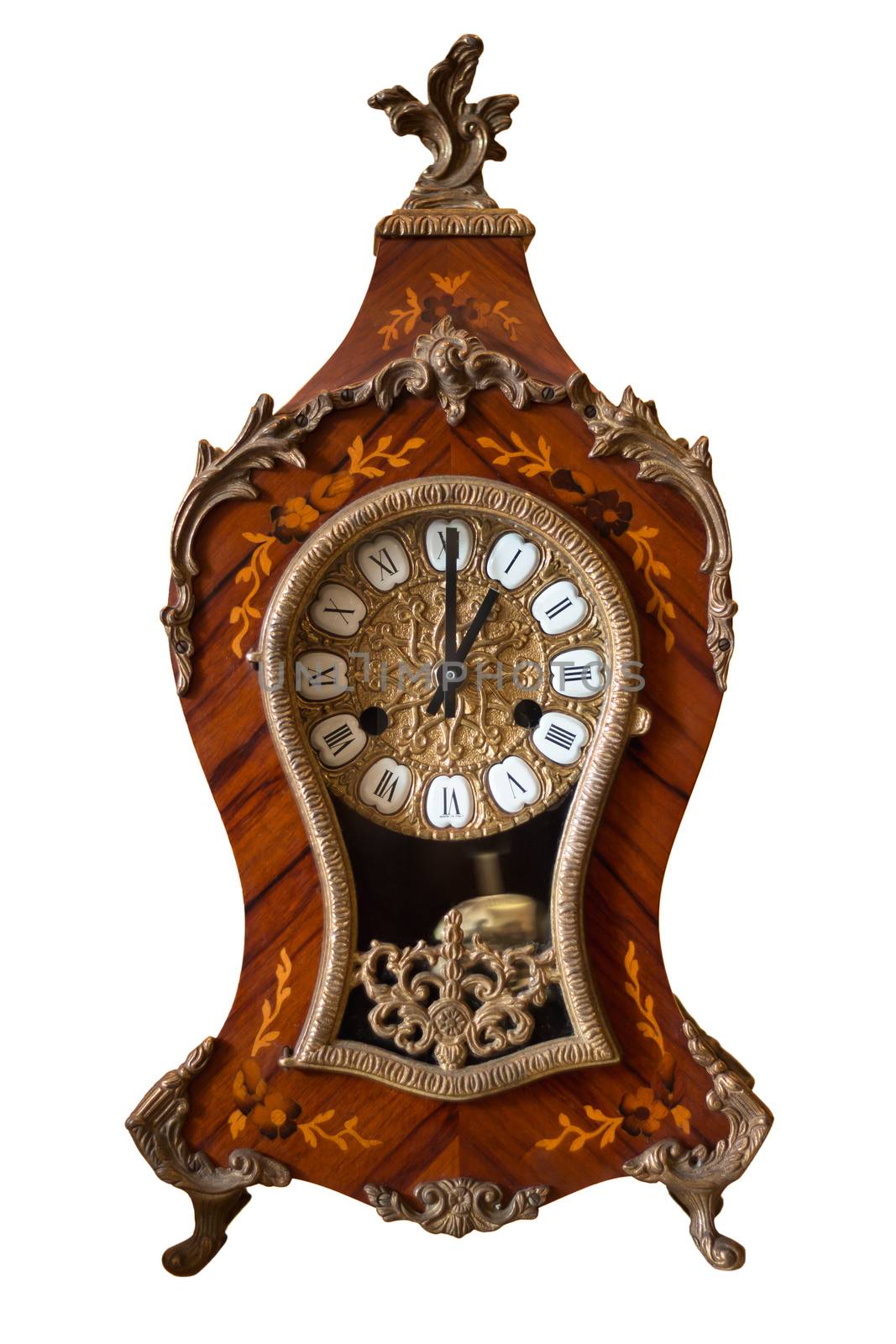 ornate antique clock, classic clock with floral motives made in italy isolate on white background