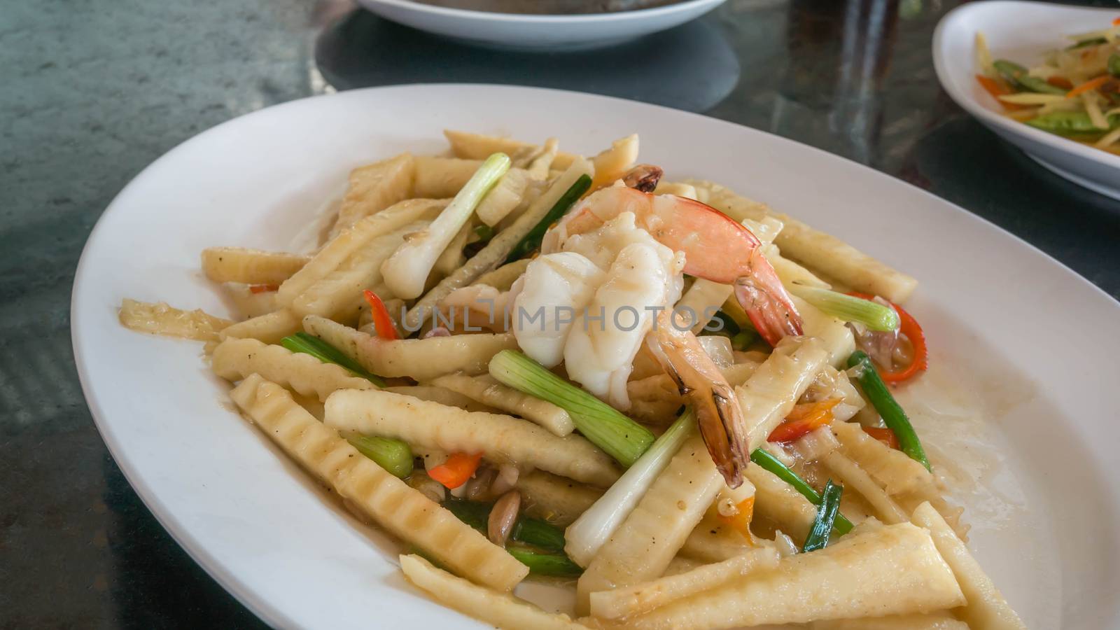 Stir fried bamboo shoots  and vegetables with shrimp