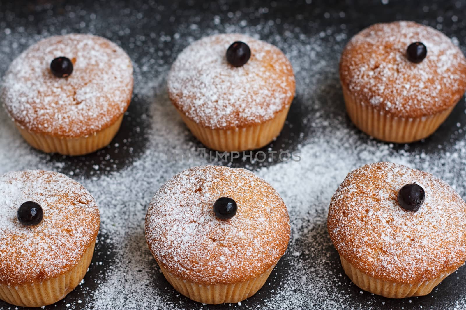 Muffins with black currant sprinkled with powdered sugar.