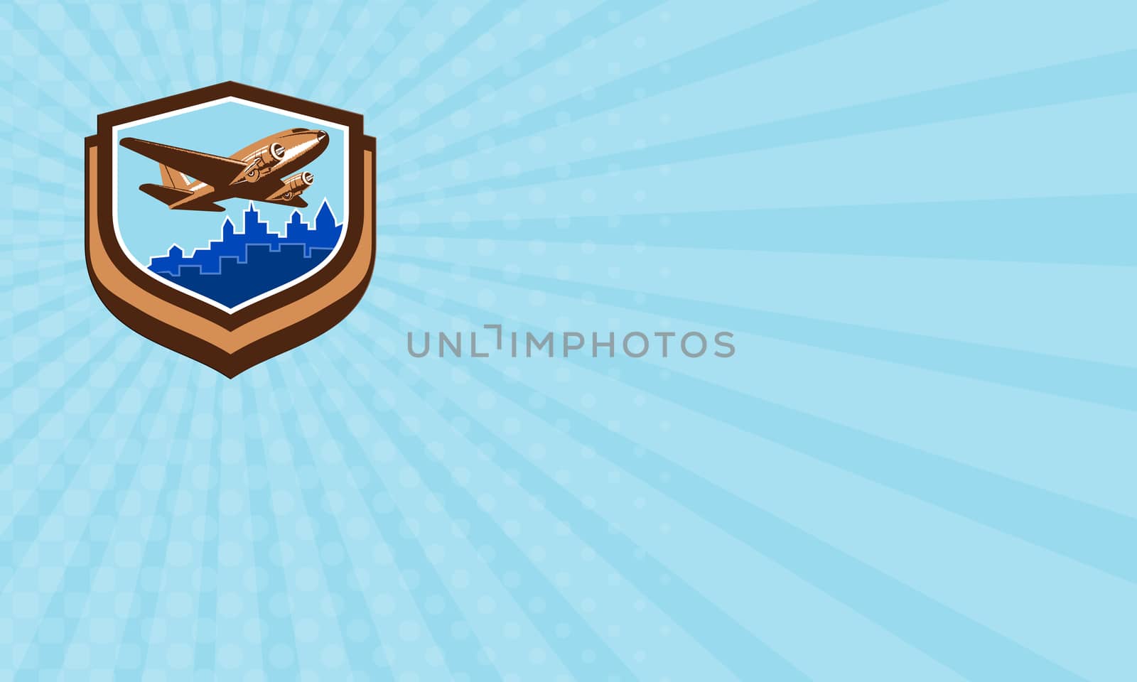 Business card showing illustration of a vintage passenger DC10 airplane take off with cityscape buildings in background set inside crest shield done in retro style. 