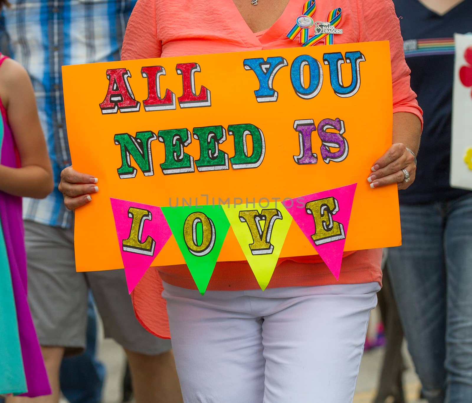 BOISE, IDAHO/USA - JUNE 20, 2016: Sign reading all you need is love during Boise Pridefest