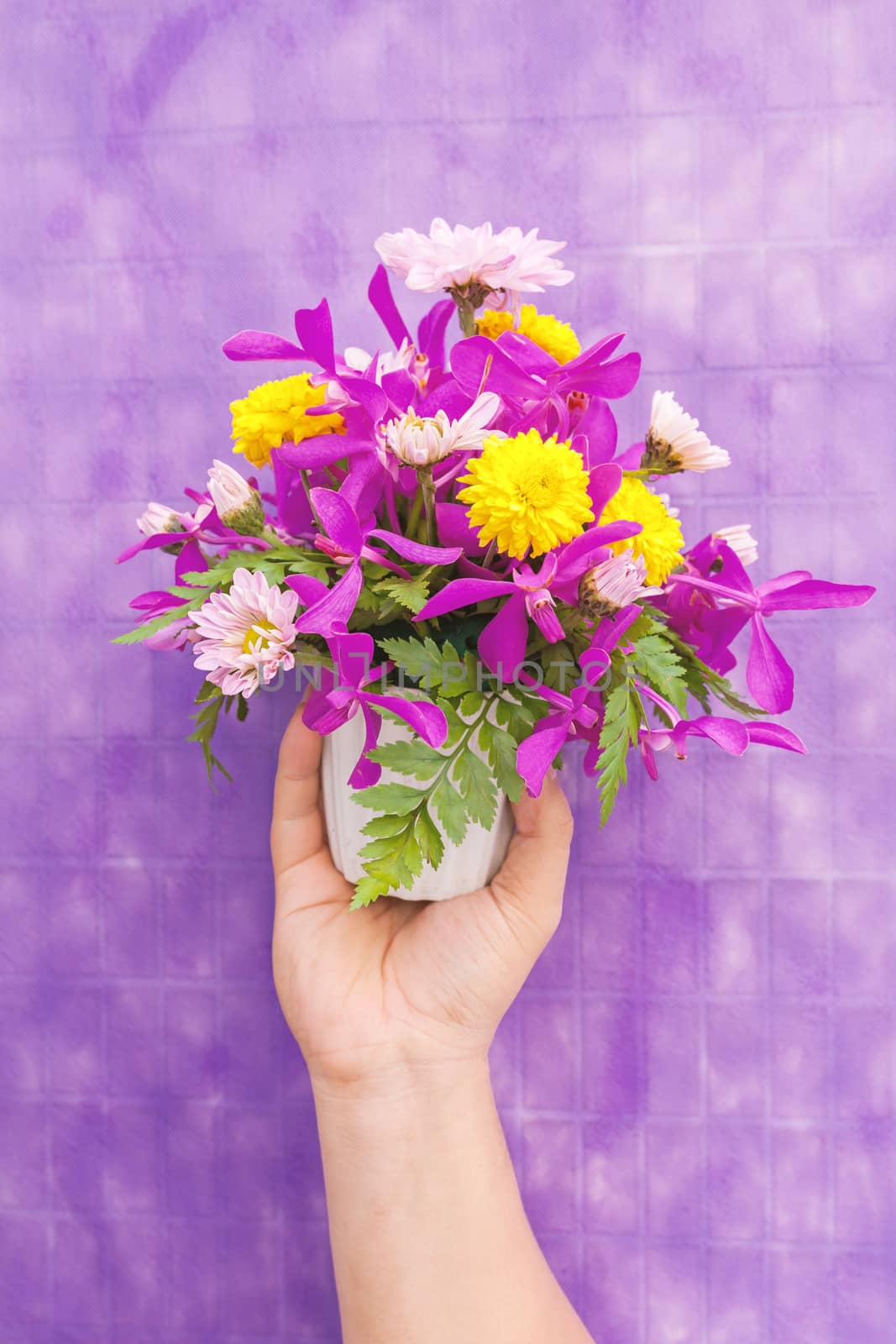 Hand holding bouquet of chrysanthemum and orchid flowers isolated on violet background.