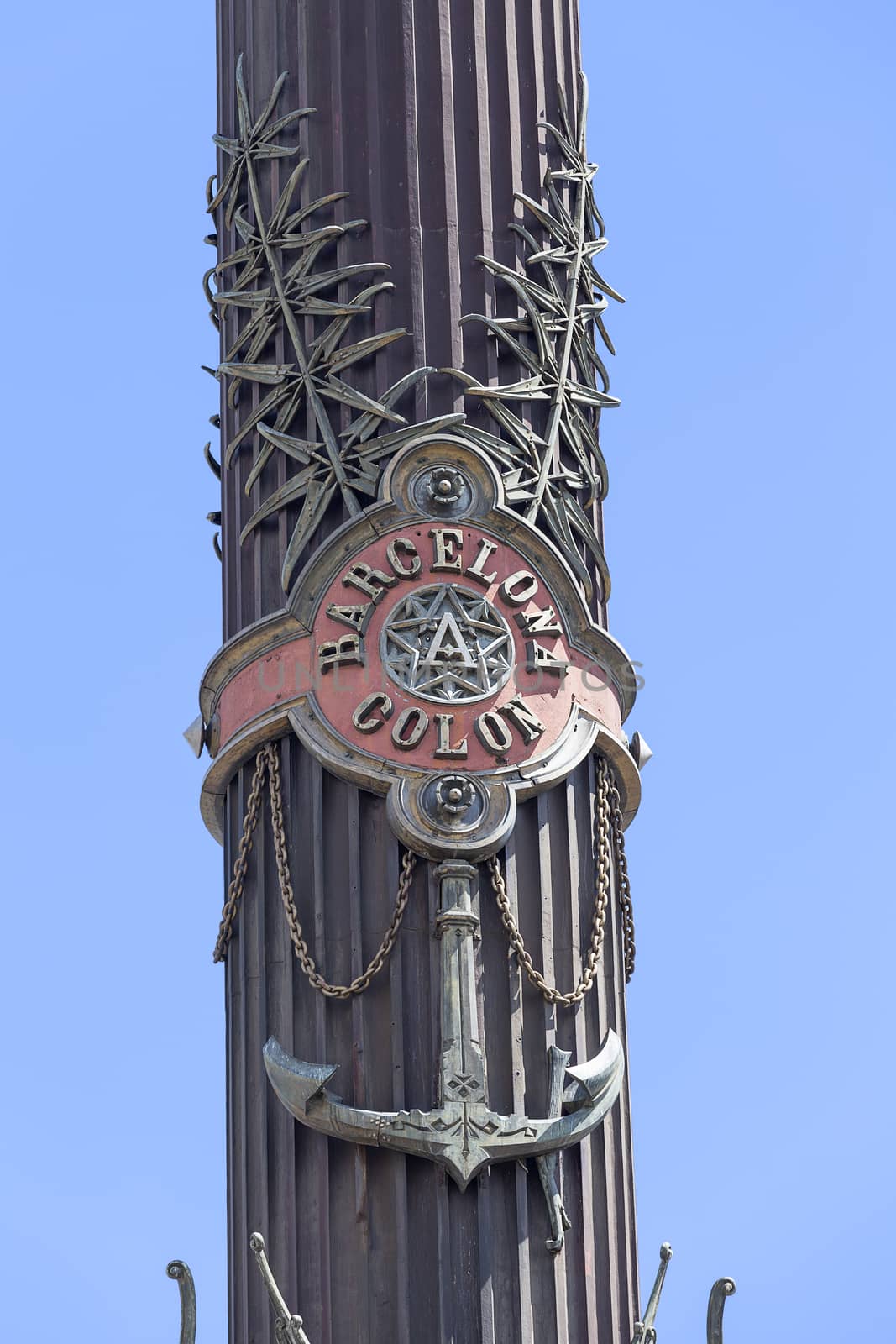 Details of Columbus Monument, Barcelona, Spain. Bronze statue  sculpted by Rafael Atche, situated on top of a 40-meter Corinthian column.