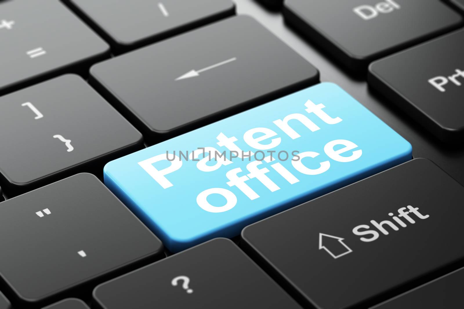 Law concept: computer keyboard with word Patent Office, selected focus on enter button background, 3D rendering