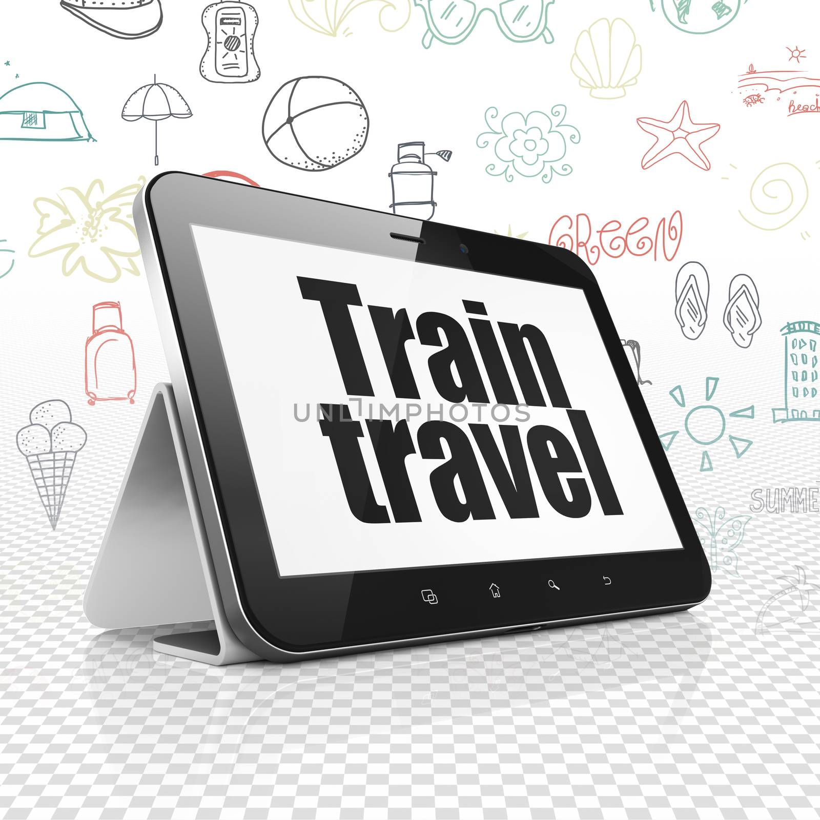 Travel concept: Tablet Computer with  black text Train Travel on display,  Hand Drawn Vacation Icons background, 3D rendering