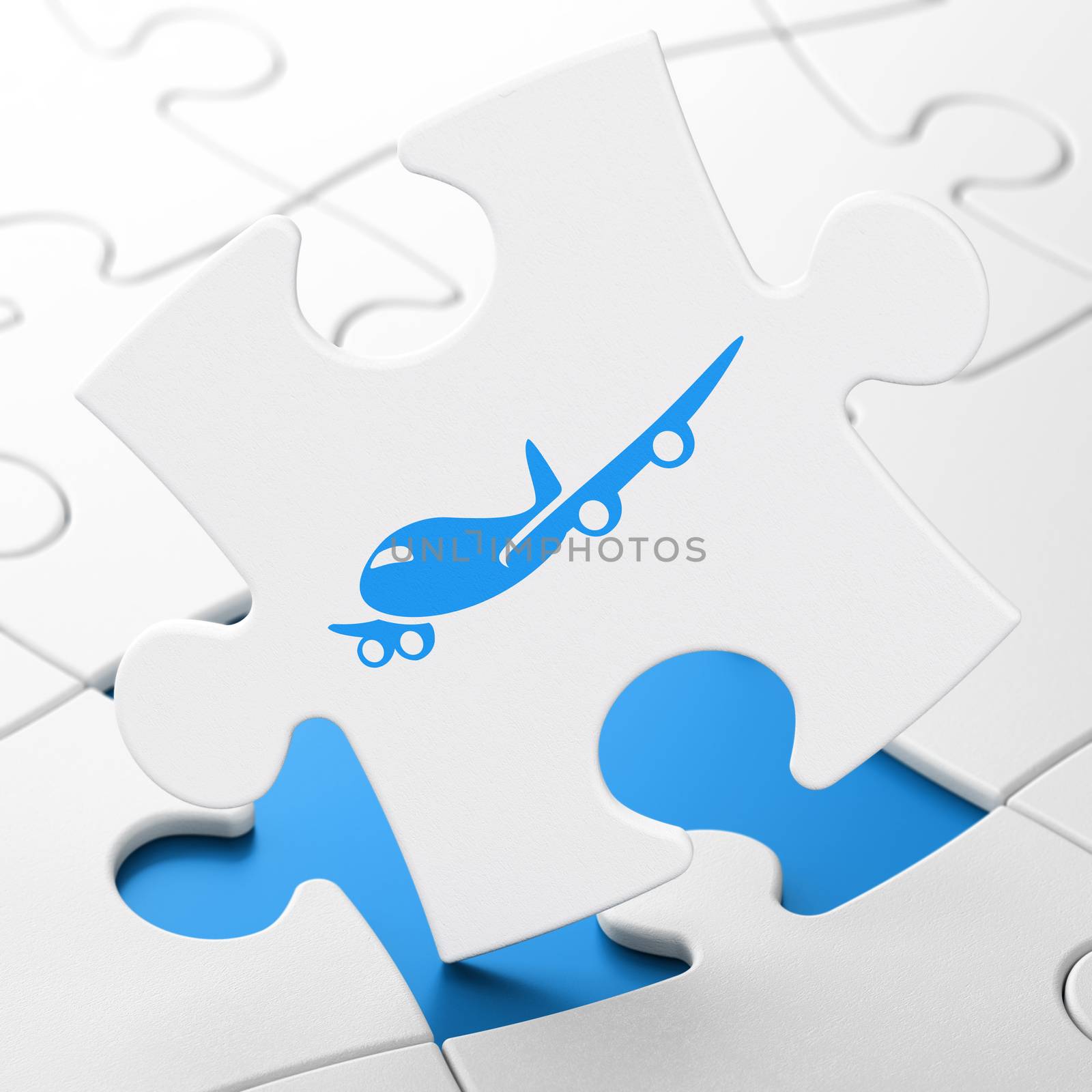 Travel concept: Airplane on puzzle background by maxkabakov