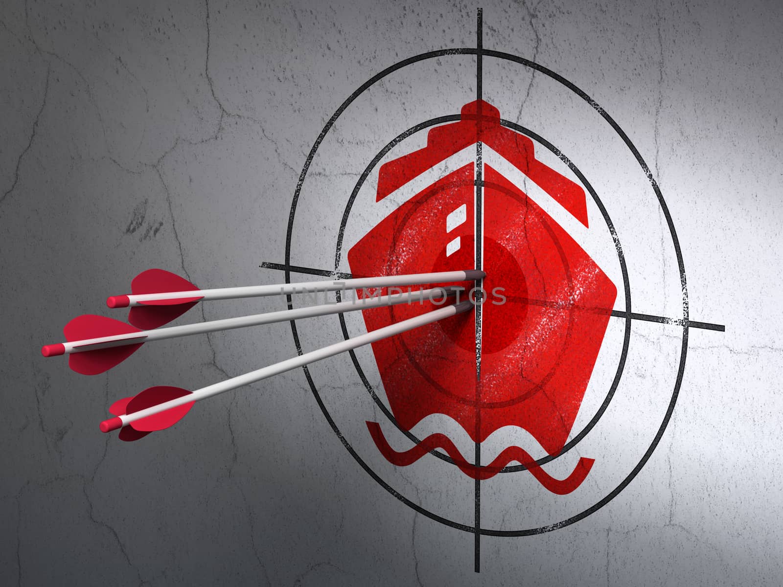 Success tourism concept: arrows hitting the center of Red Ship target on wall background, 3D rendering