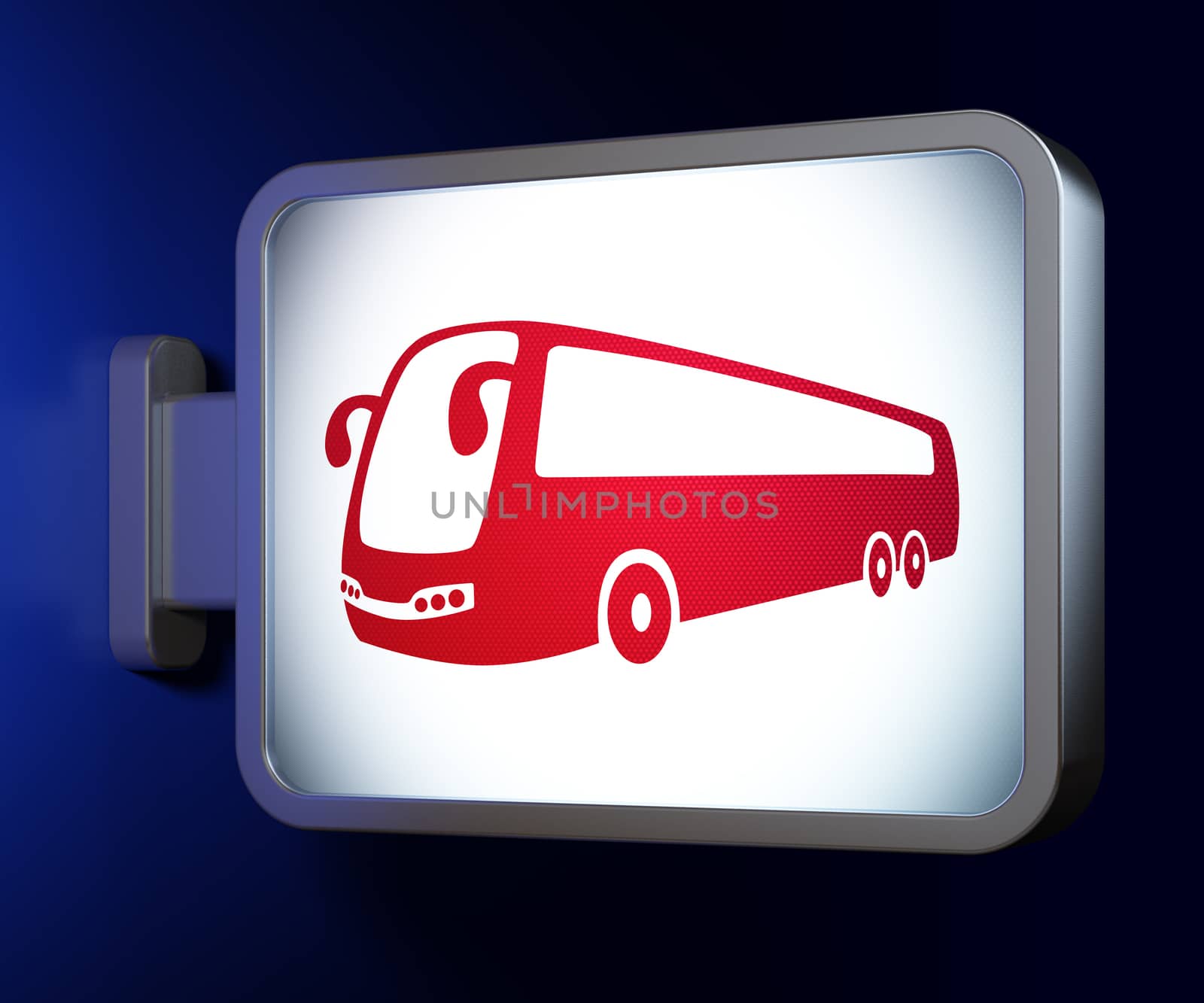 Vacation concept: Bus on advertising billboard background, 3D rendering