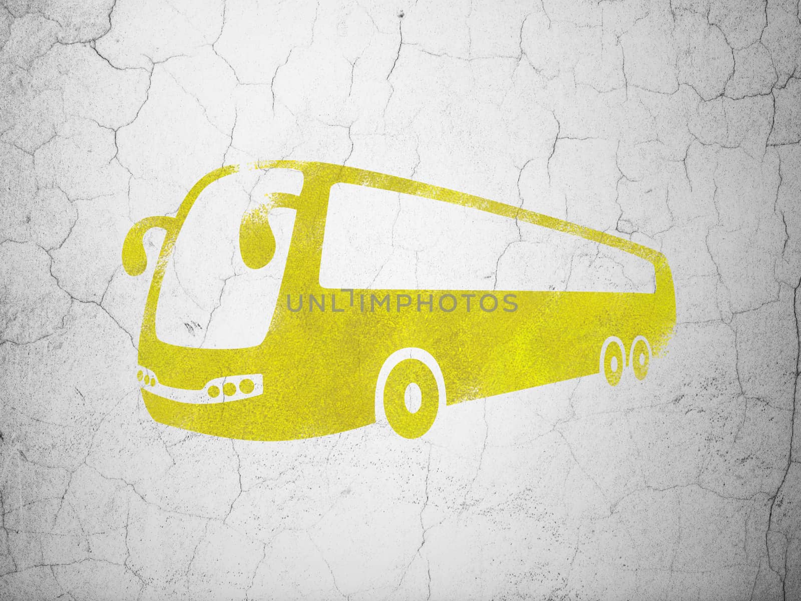 Vacation concept: Yellow Bus on textured concrete wall background
