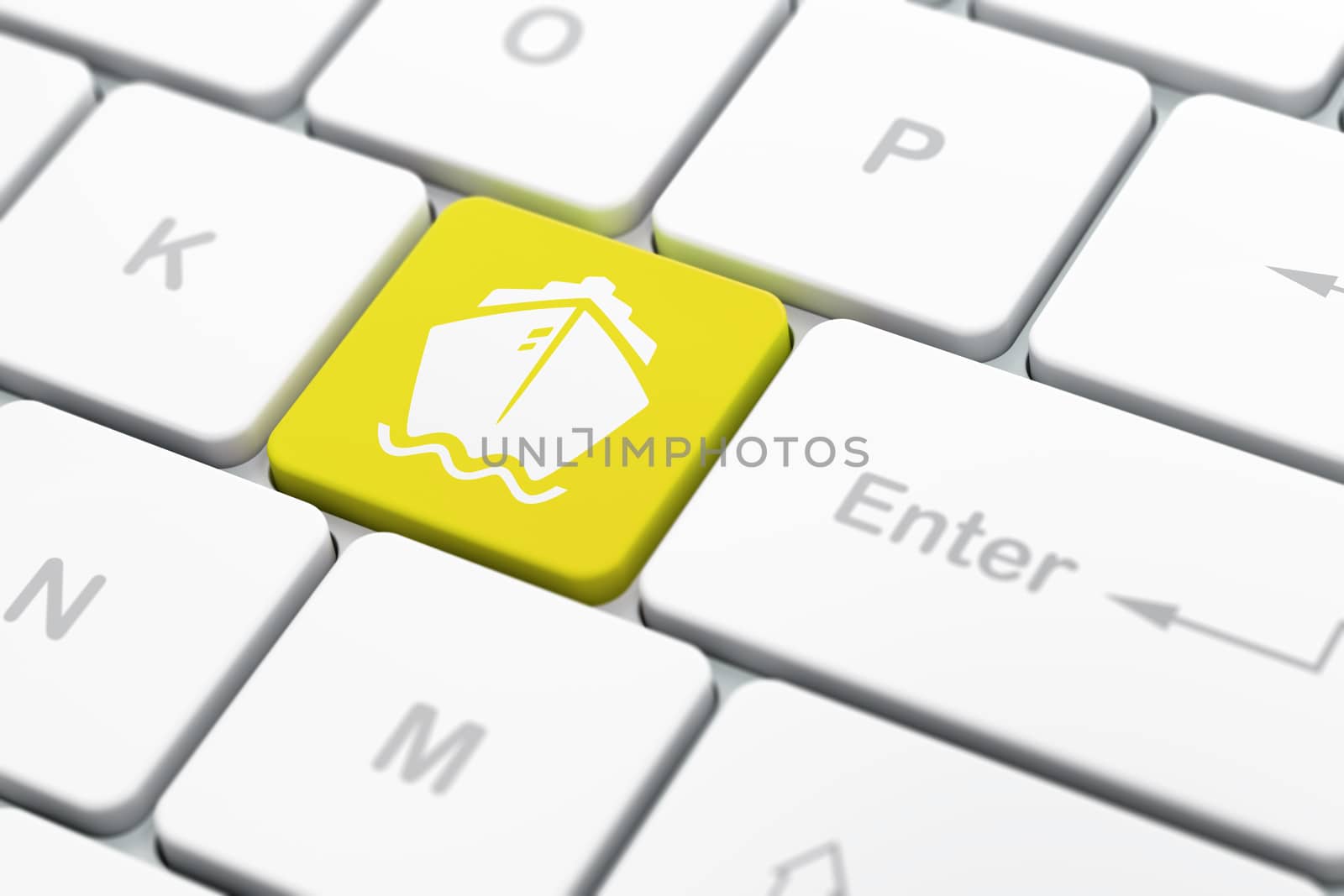 Travel concept: computer keyboard with Ship icon on enter button background, selected focus, 3D rendering